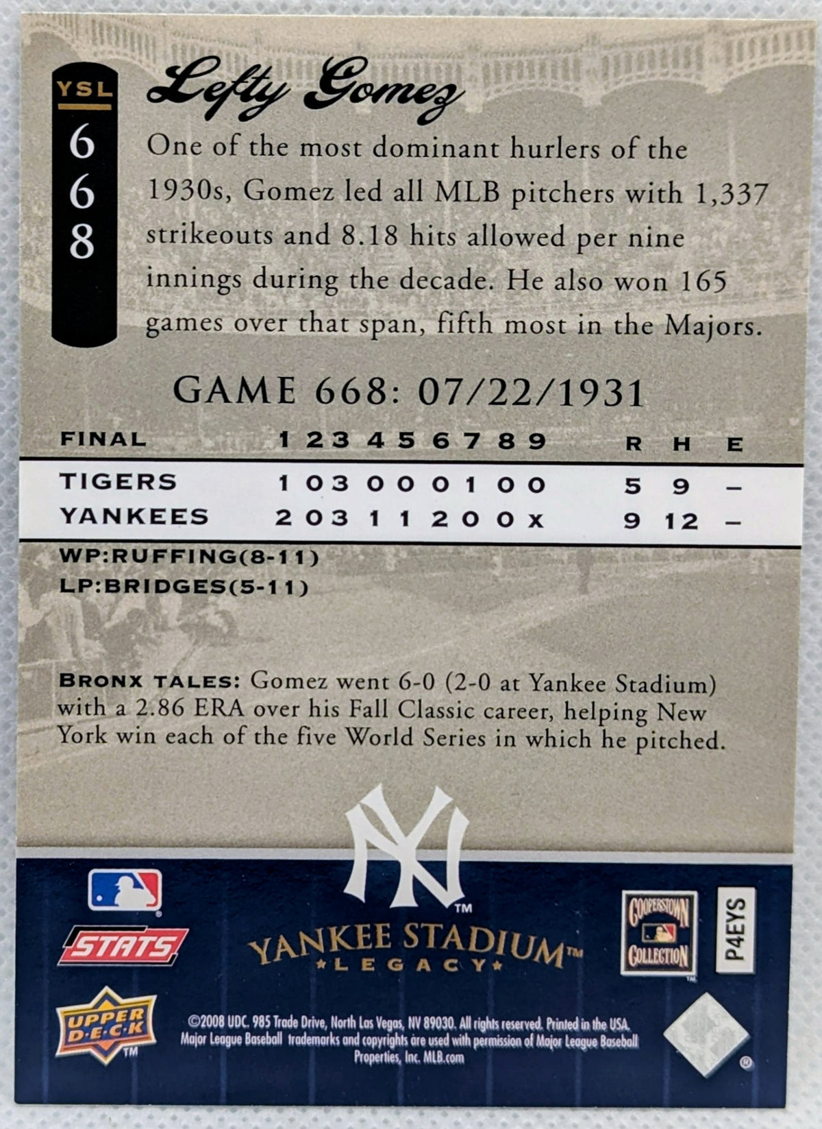 2008 Upper Deck Yankee Stadium Legacy #664 Lefty Gomez New York Yankees 2V image 2