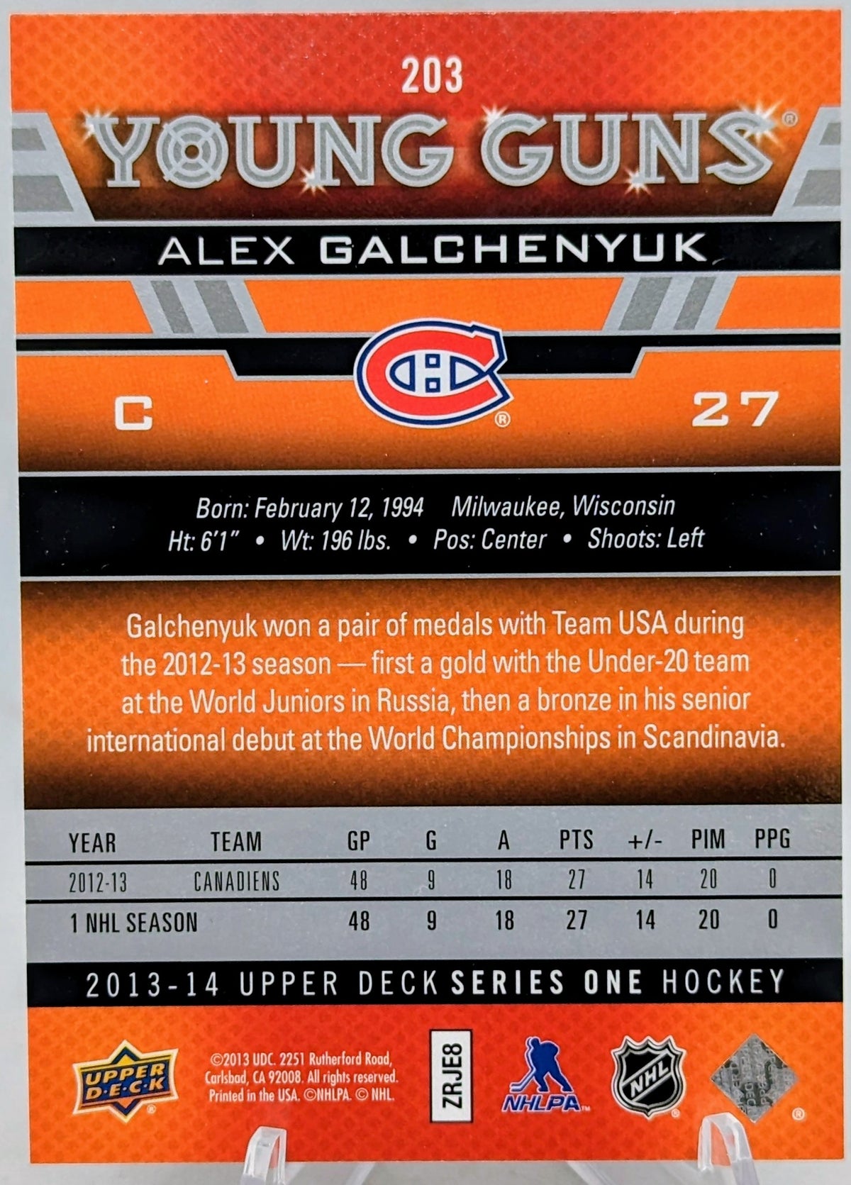2013-14 Upper Deck Series 1 Young Guns #203 Alex Galchenyuk Montreal Canadiens image 2