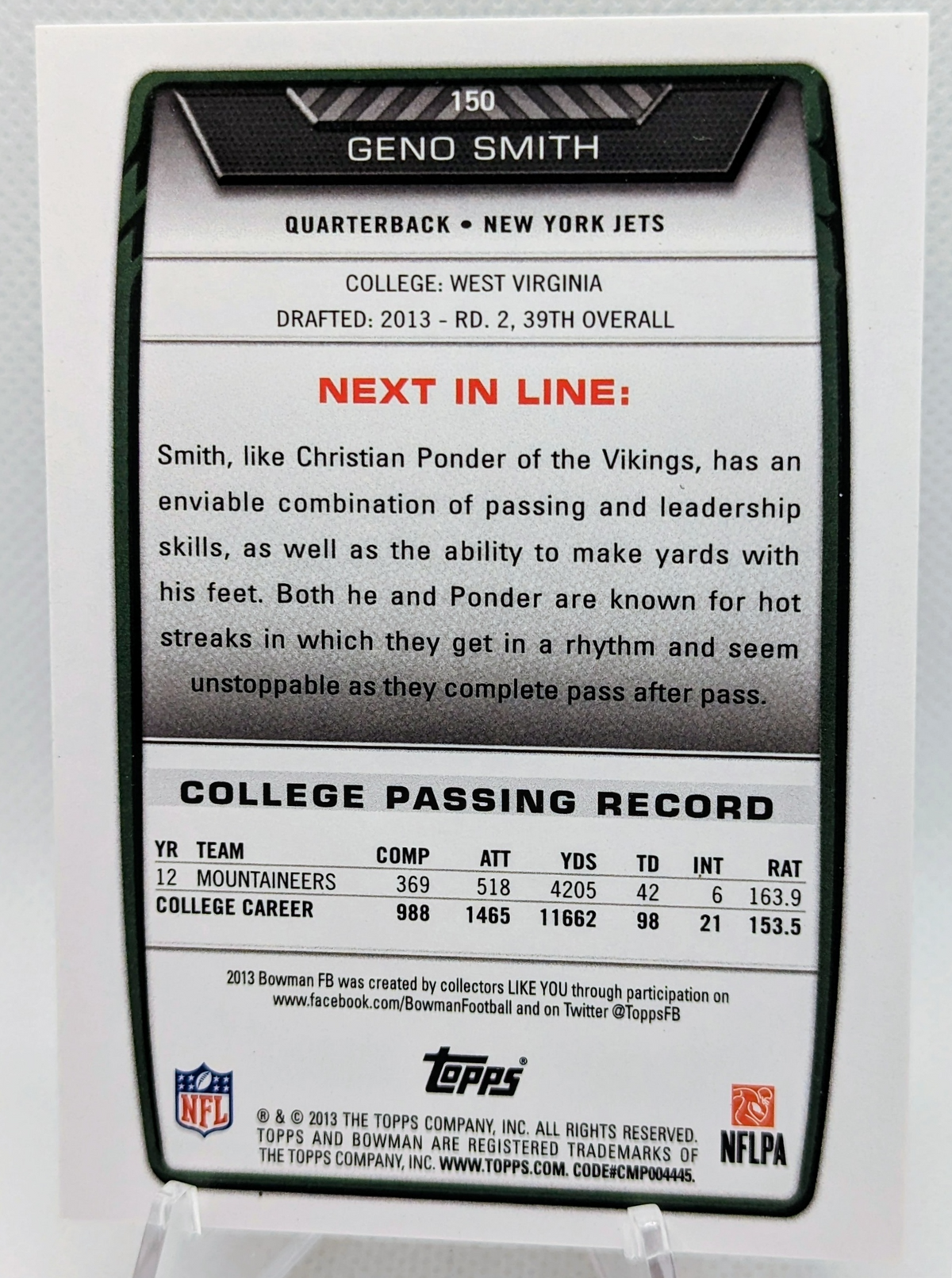 2013 Bowman Black Parrallel #150 Geno Smith RC Rookie Jets Seahawks image 2