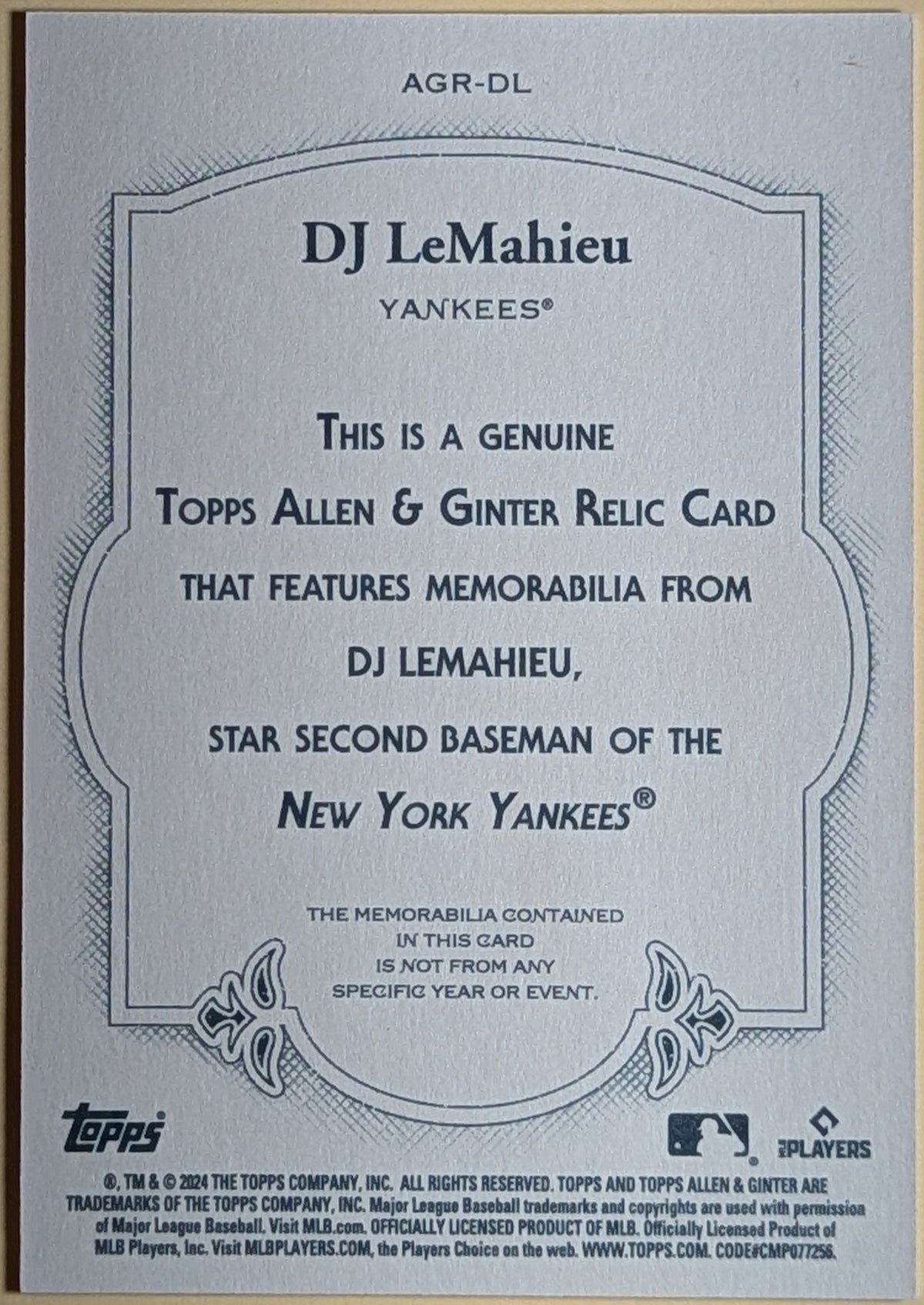 2024 Topps Allen & Ginter DJ LeMahieu Game Used Jersey Relic NY Yankees #AGR-DL image 2