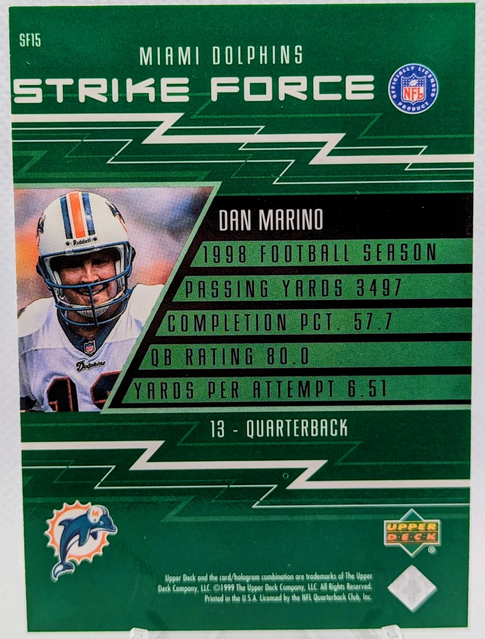 1999 Upper Deck Dan Marino Strike Force #SF15 Dolphins Football Card image 2