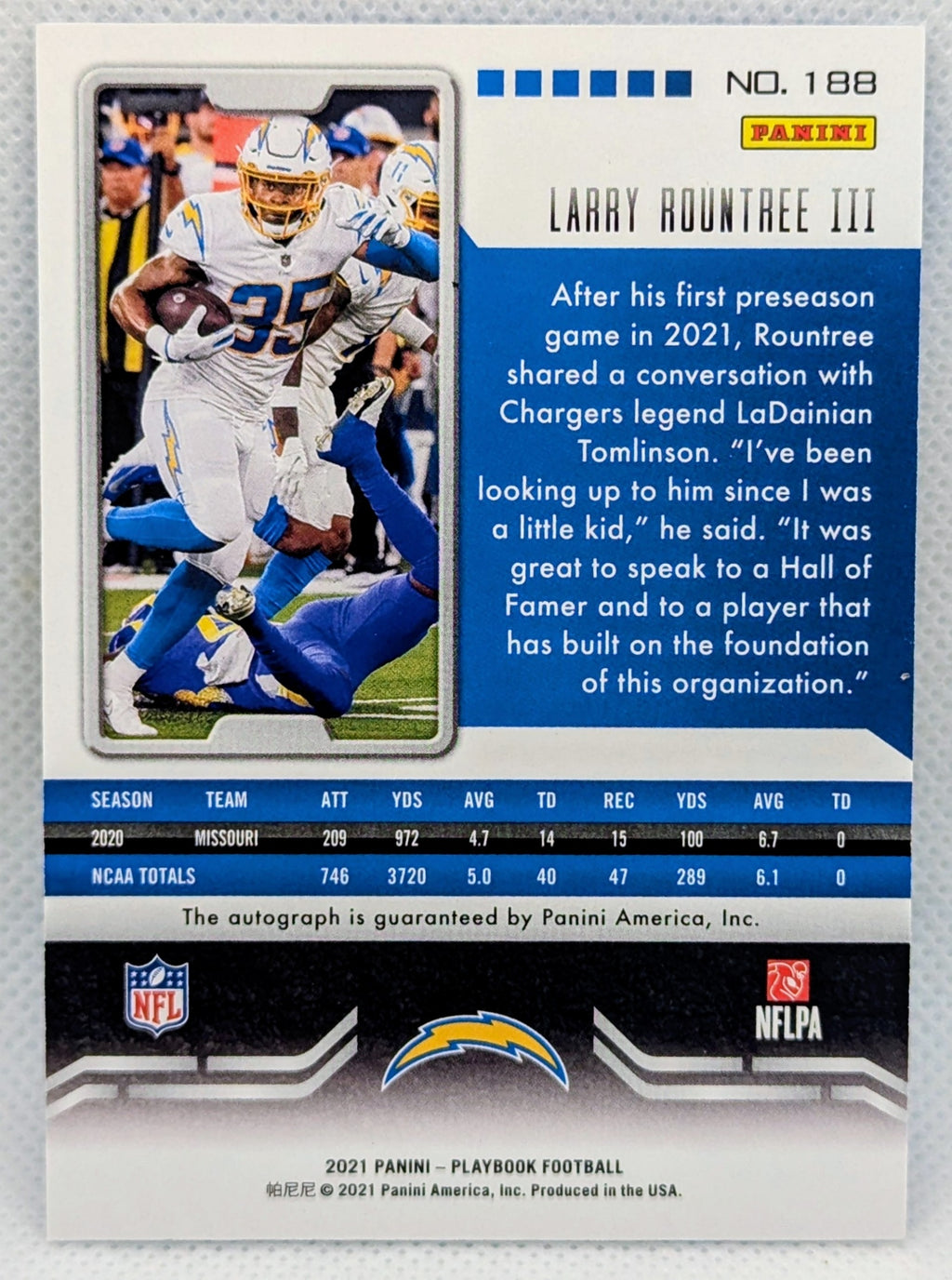 2021 Panini Playbook Larry Rountree III Chargers #188 RC Auto /99 image 2