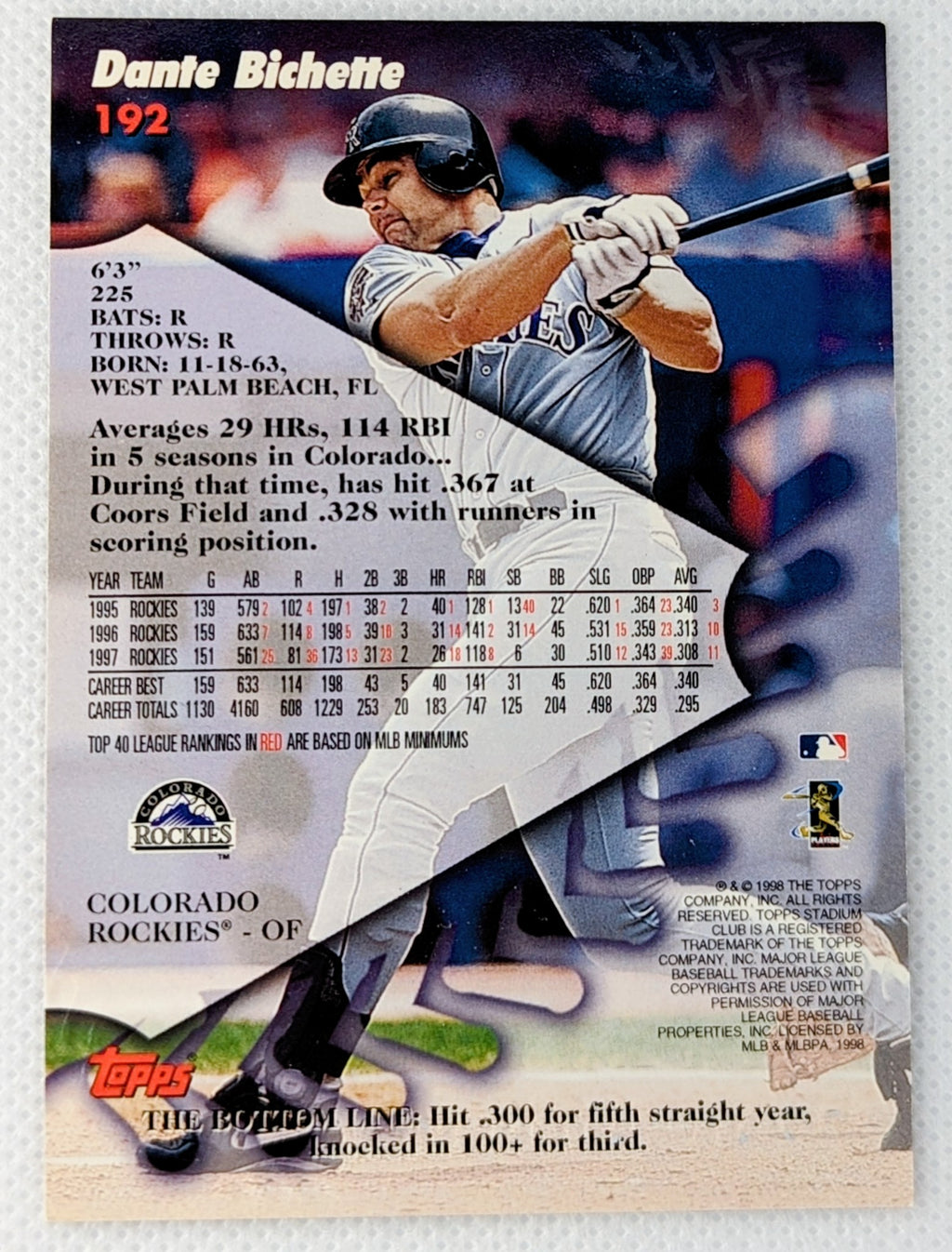 1998 Stadium Club Baseball Card #192 Dante Bichette Colorado Rockies image 2