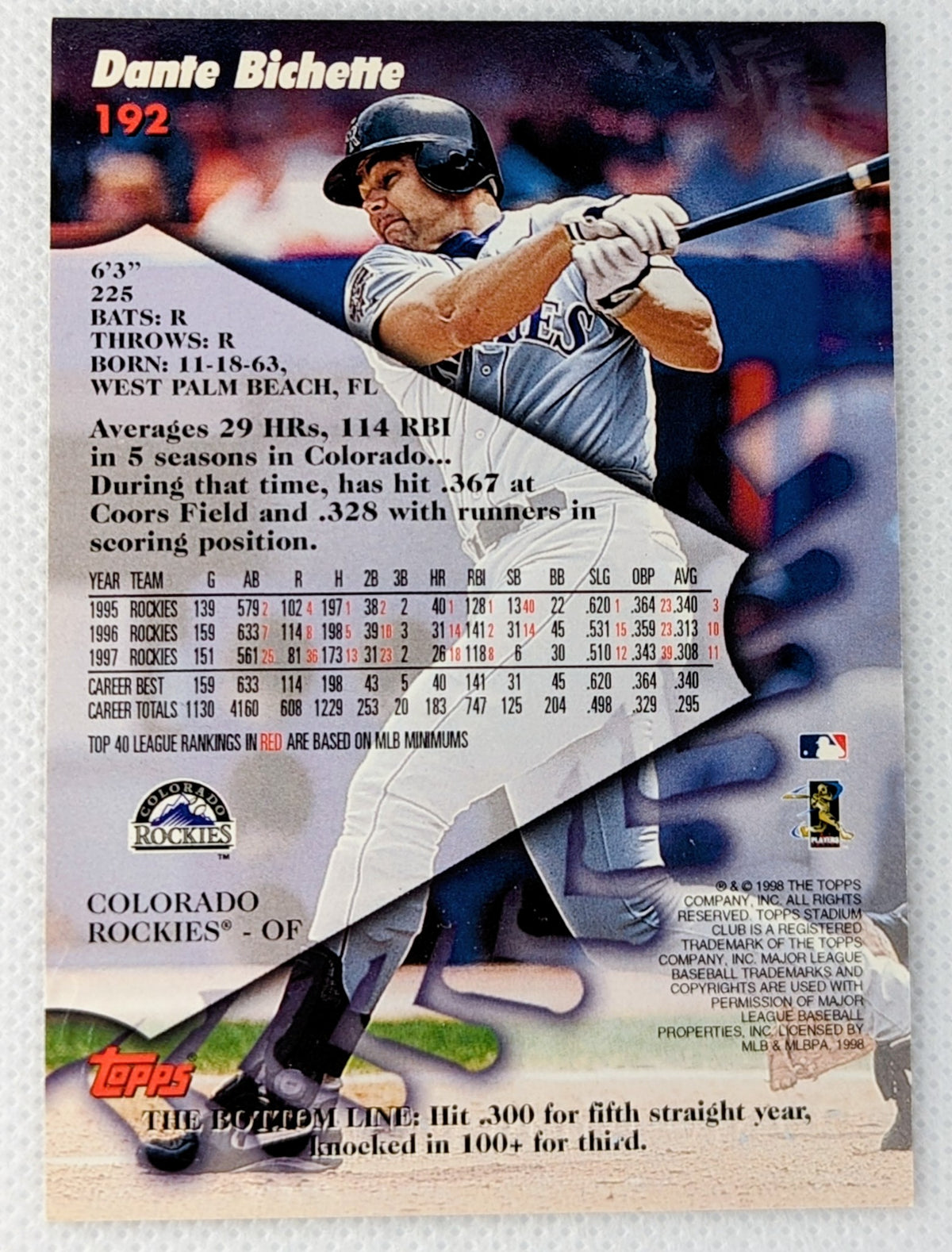 1998 Stadium Club Baseball Card #192 Dante Bichette Colorado Rockies image 2