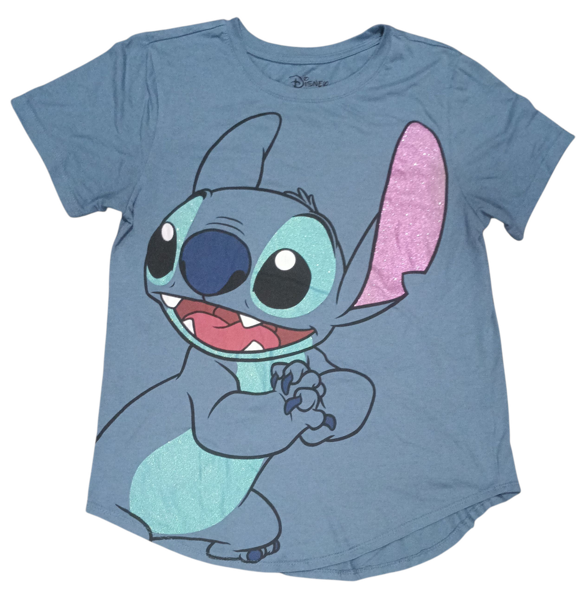 Disney Stitch Bold Graphic Glitter Gray Blue Cotton Blend T-shirt Size L(11-13)