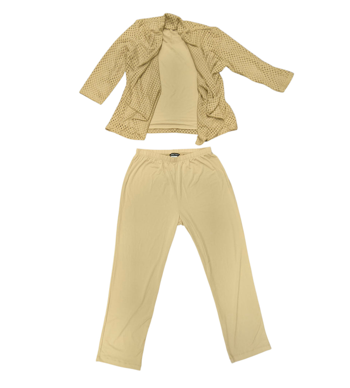 Slinky Brand 3 Piece Tan Duster Cardigan Tank Pant Set Elastic Waist Stretch