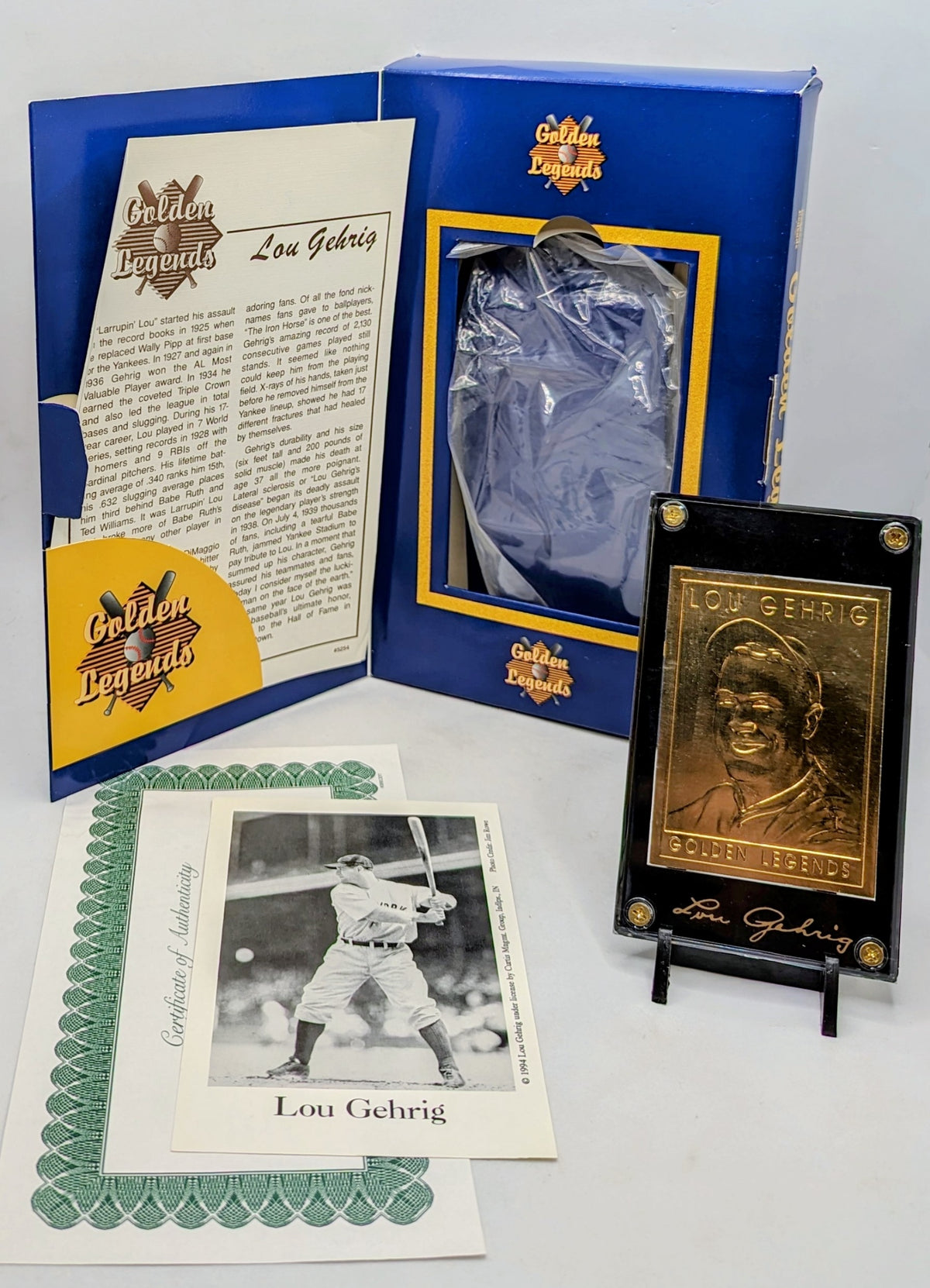 1995 Golden Legends Of Baseball Lou Gehrig 22k Gold Foil Card w/ Box COA