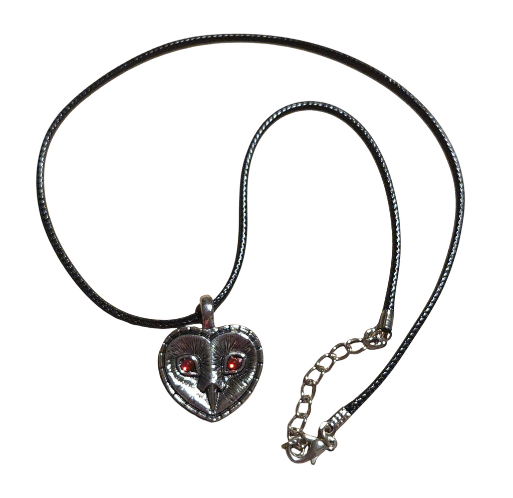 Zinc Alloy Heart Barn Owl w/ Red Eyes Pendant Cord Necklace