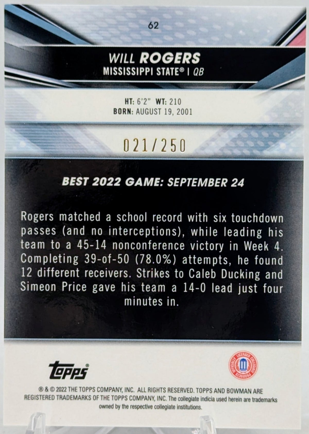 2022 Bowman Best University Will Rogers Purple Refractor /250 Mississippi image 2