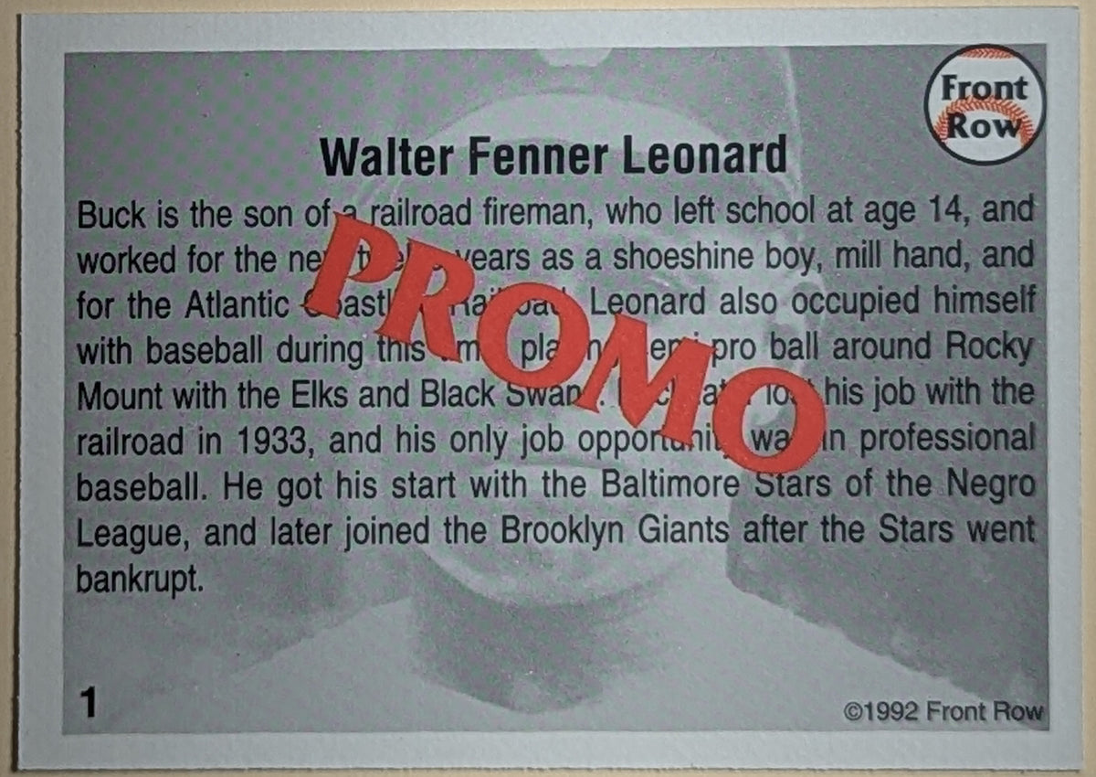 1992 Front Row All-Time Great Promos #1 Buck Leonard "Walter Fenner Leonard" image 2