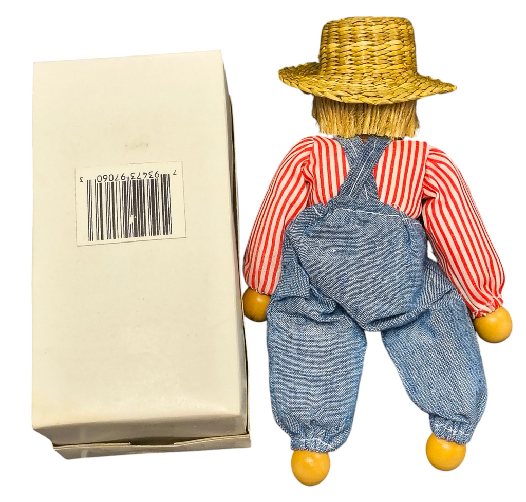 Handmade Wooden Boy Doll In Overalls With Cloth Body & Straw Hat image 2