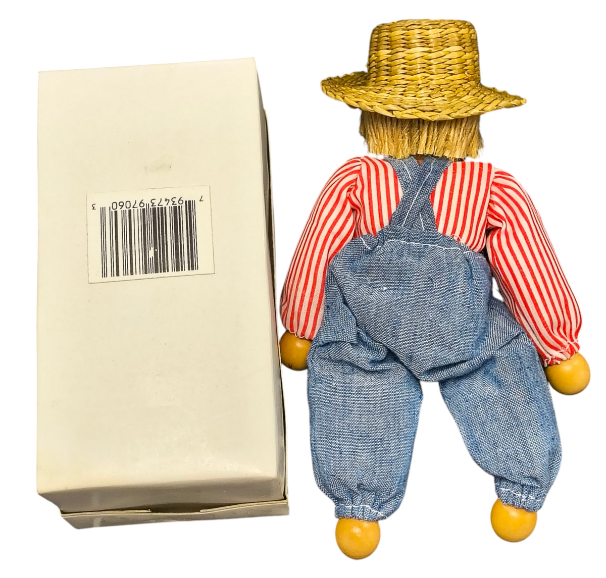 Handmade Wooden Boy Doll In Overalls With Cloth Body & Straw Hat image 2