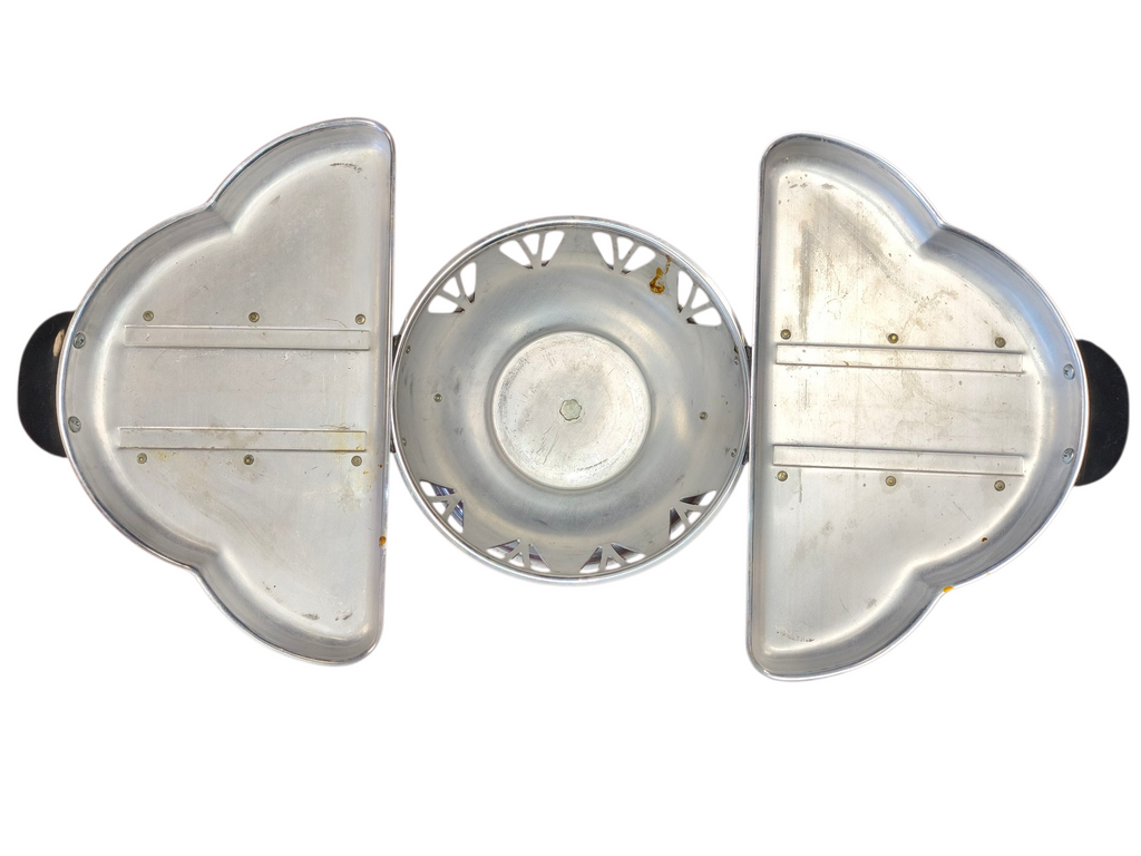 1950’s Aluminum Lazy Susan Ceramic Brown Drip Four Leaf Clover Sliding Trays image 3