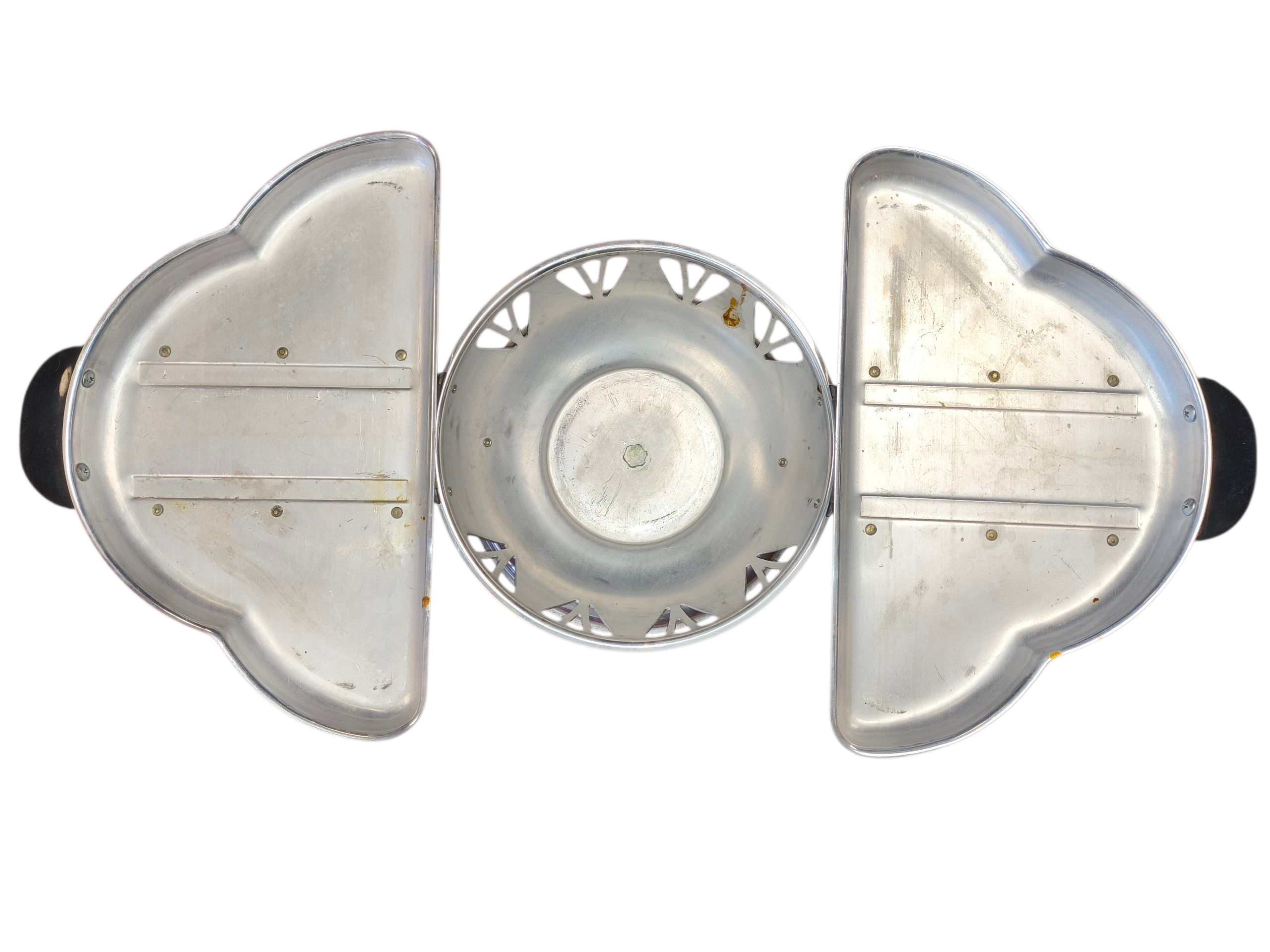 1950’s Aluminum Lazy Susan Ceramic Brown Drip Four Leaf Clover Sliding Trays image 3