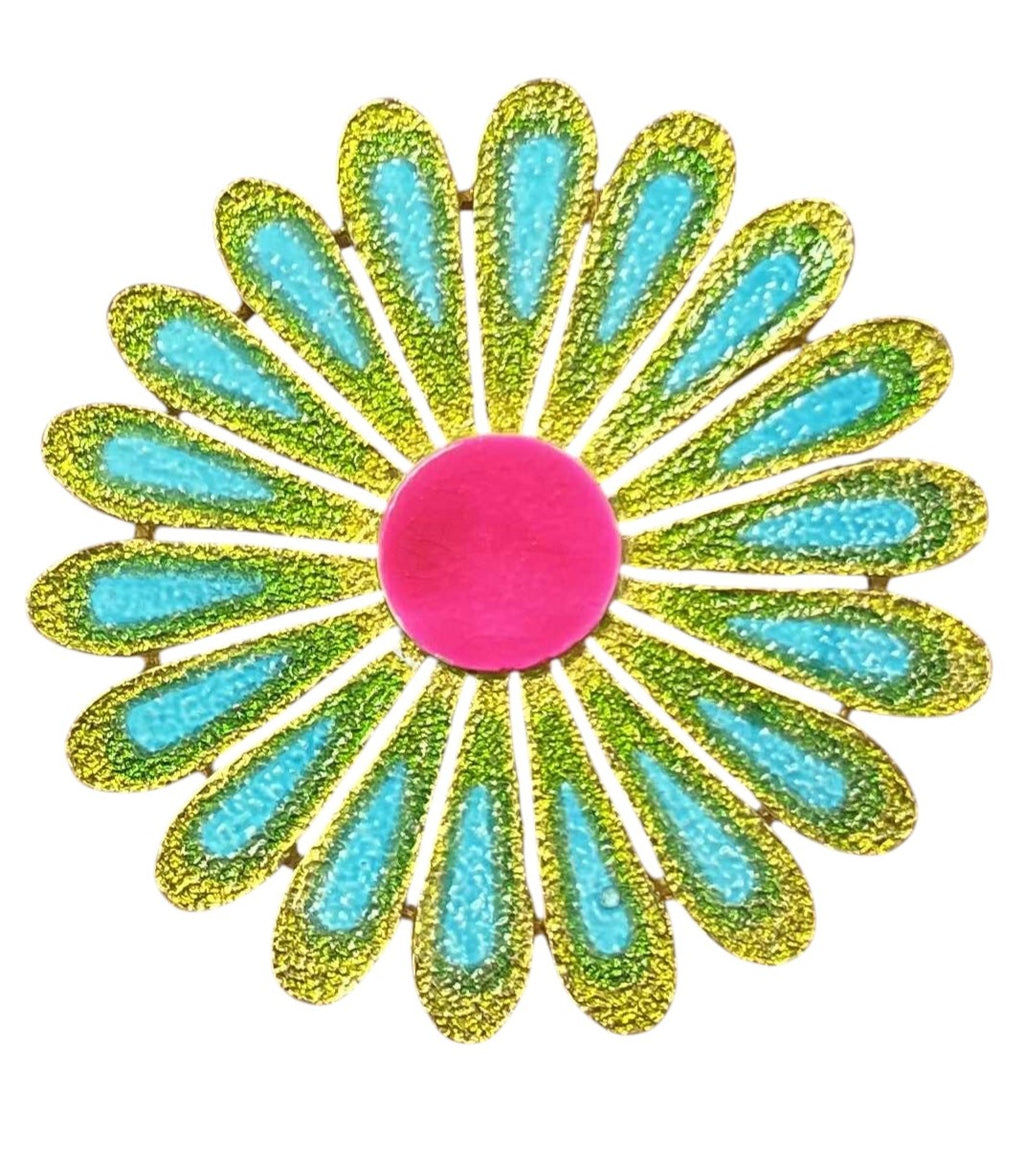 Vintage Vibrant Large Daisy Flower Turquoise Blue & Green Enamel Pin Brooch