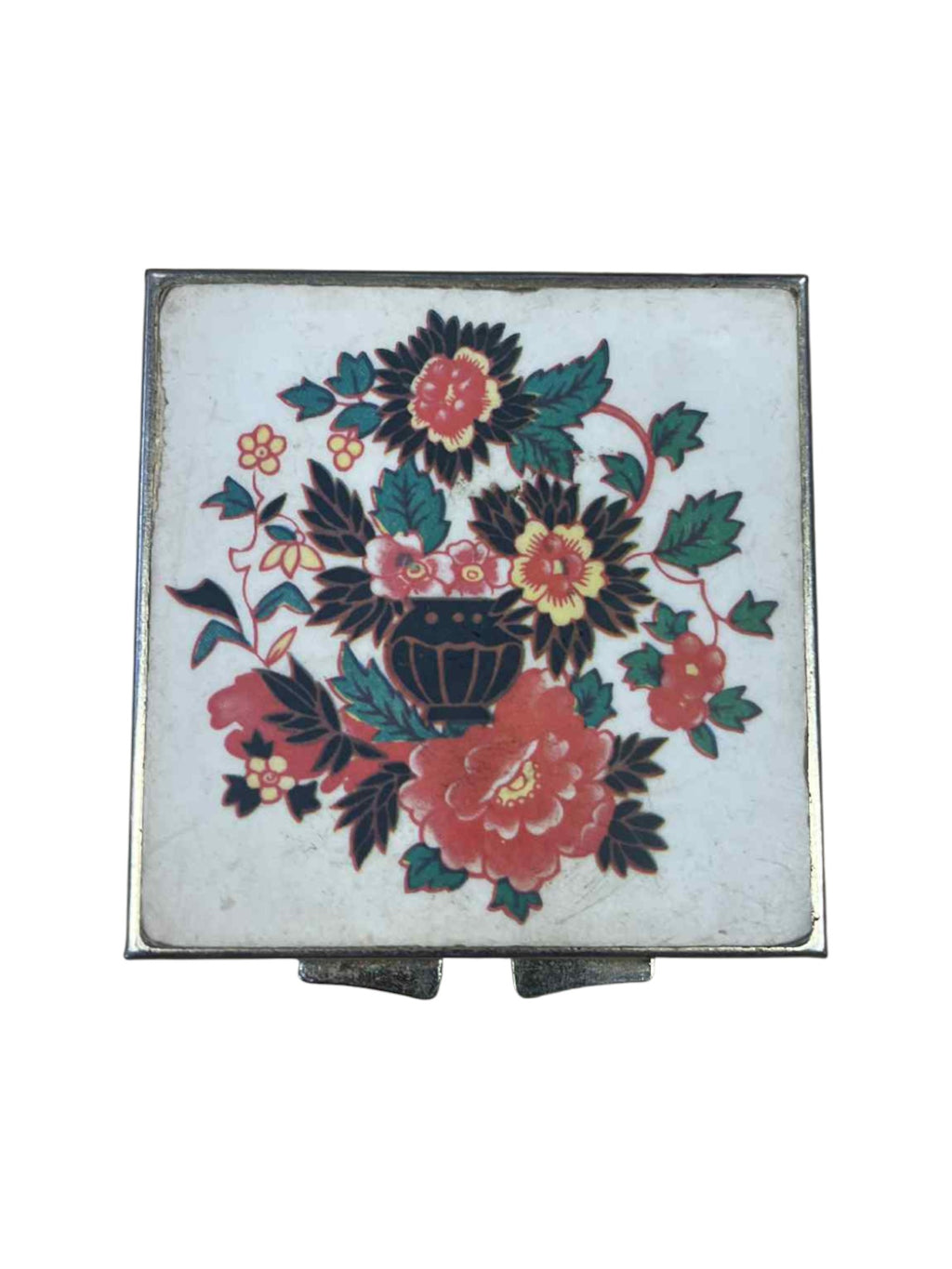 Vintage Pretty Vintage Asian Floral Compact Goldtone Pill Box Made in Japan - DT