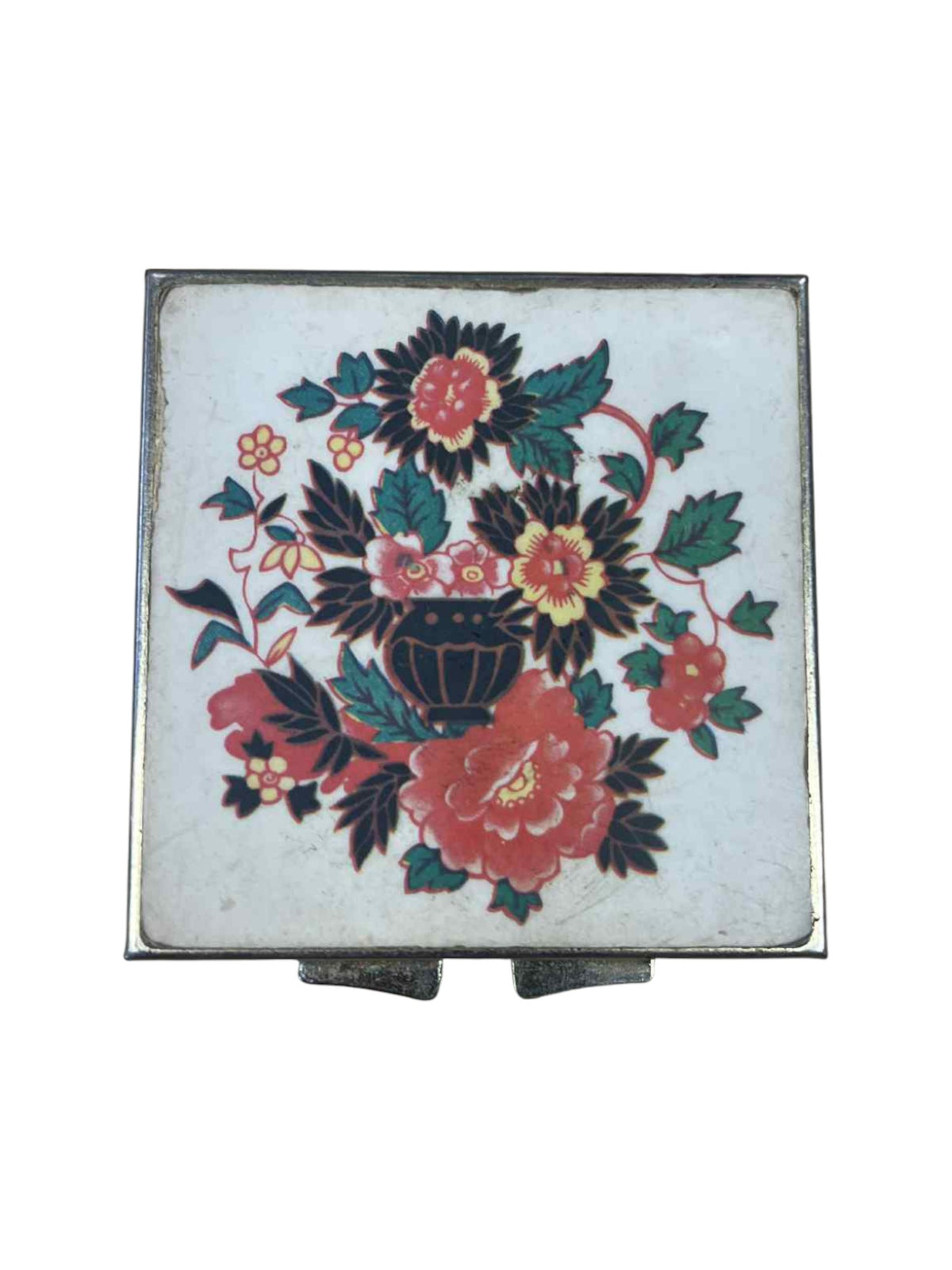 Vintage Pretty Vintage Asian Floral Compact Goldtone Pill Box Made in Japan - DT