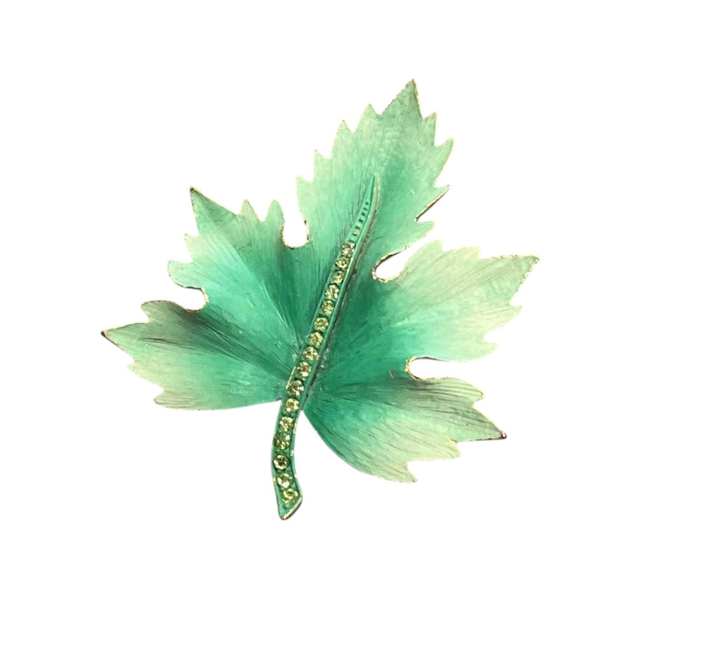 Vintage Gold Tone Green Enamel Rhinestones Large Leaf Pin Brooch