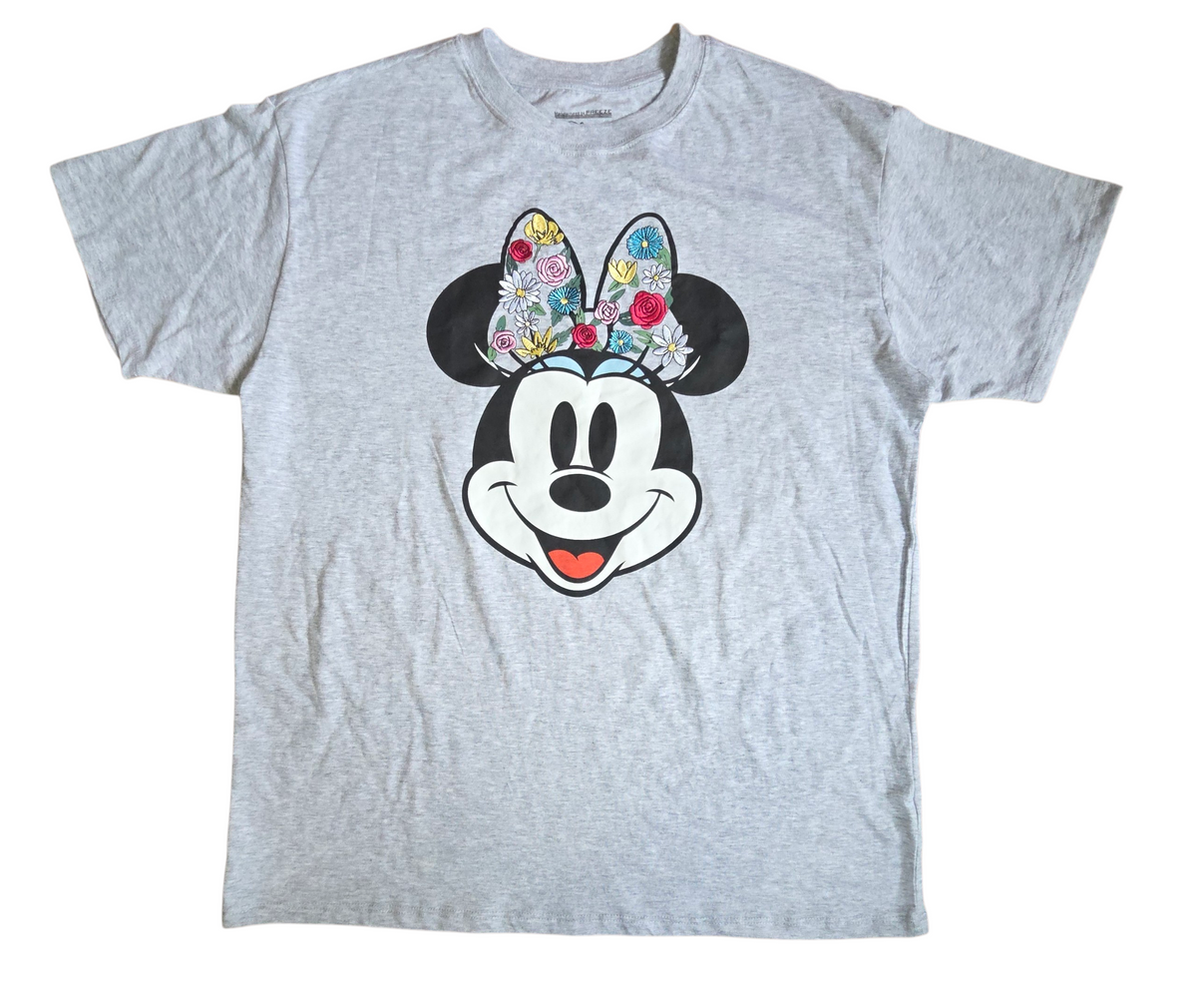 Freeze Disney Minnie Mouse Embroidered Flowers Womens T-Shirt Grey Large