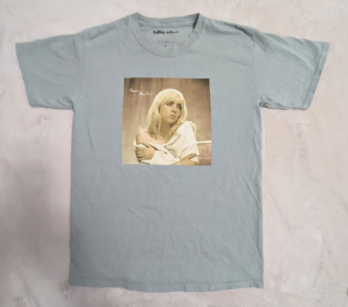 2021 Billie Eilish Happier Than Ever Tour Graphic T-Shirt Blue Gray - Medium