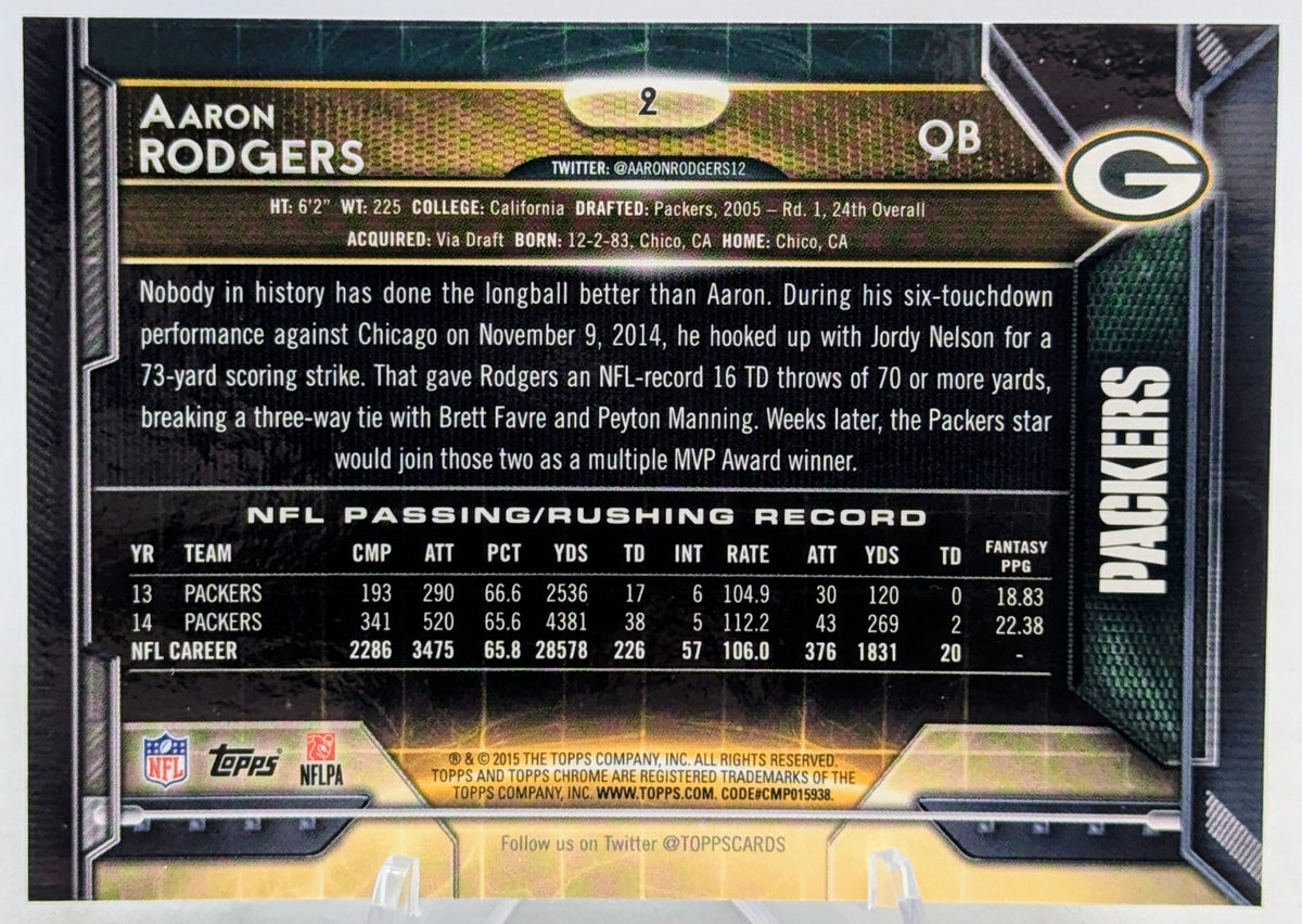 2015 Topps Chrome Silver Refractor #2 Aaron Rodgers Green Bay Packers image 2