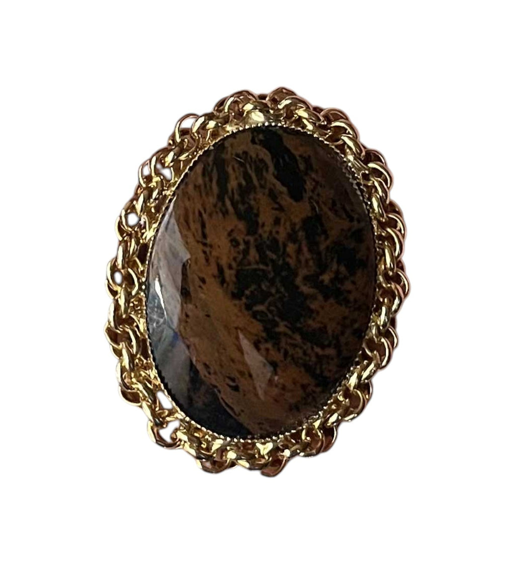 Vintage Faux Agate Oval Brown Stone Ornate Gold Tone Frame Brooch Pendant