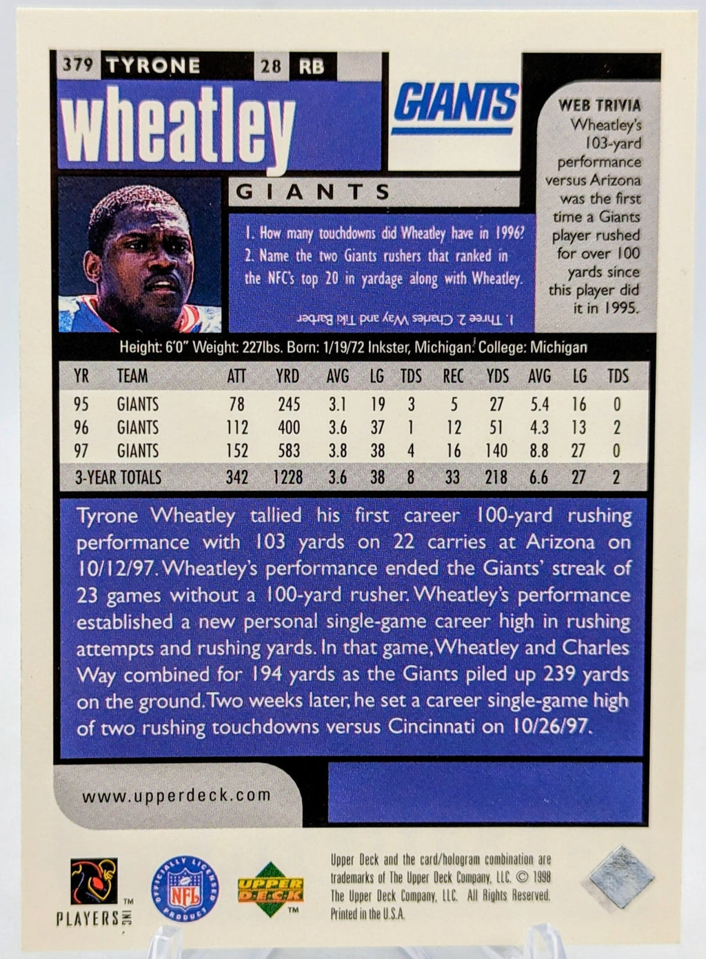 1998 Upper Deck UD Choice Choice Reserve Tyrone Wheatley #379 New York Giants image 2
