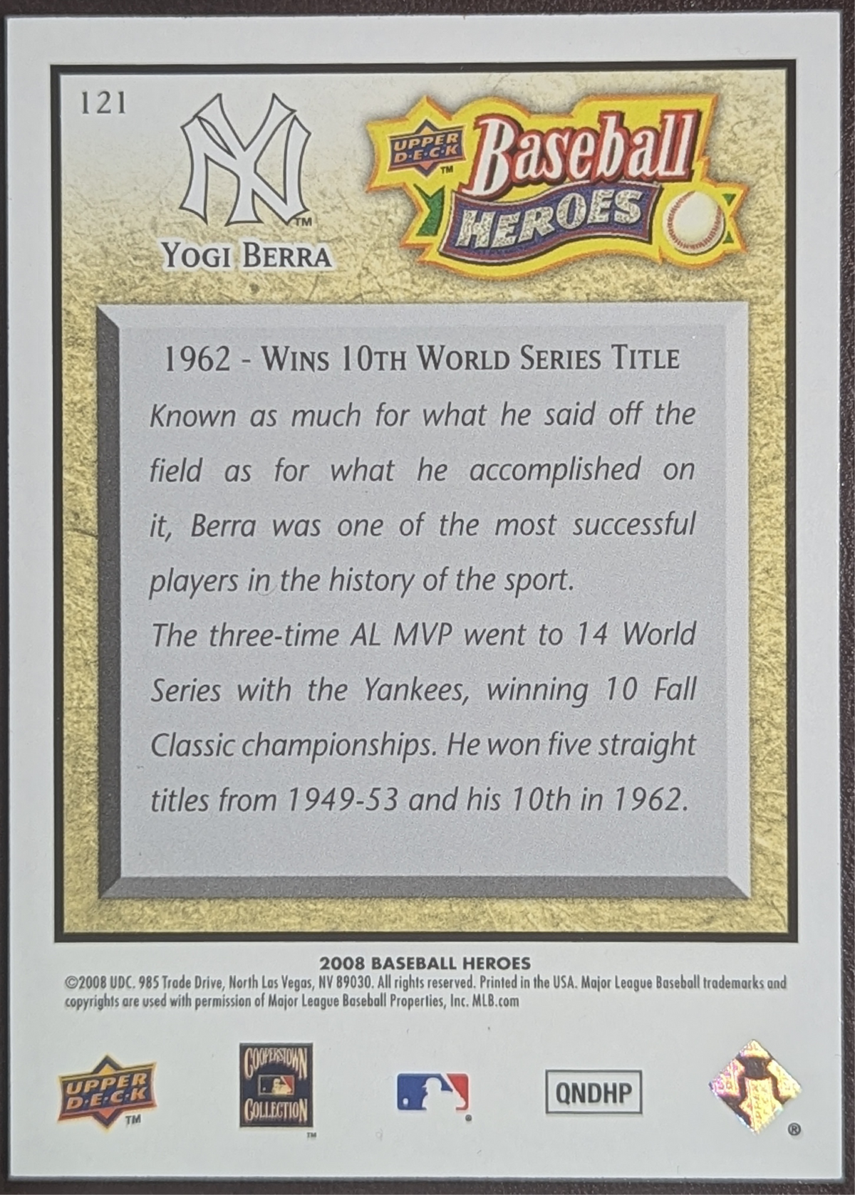 2008 Upper Deck Baseball Heroes Yogi Berra New York Yankees #121 image 2