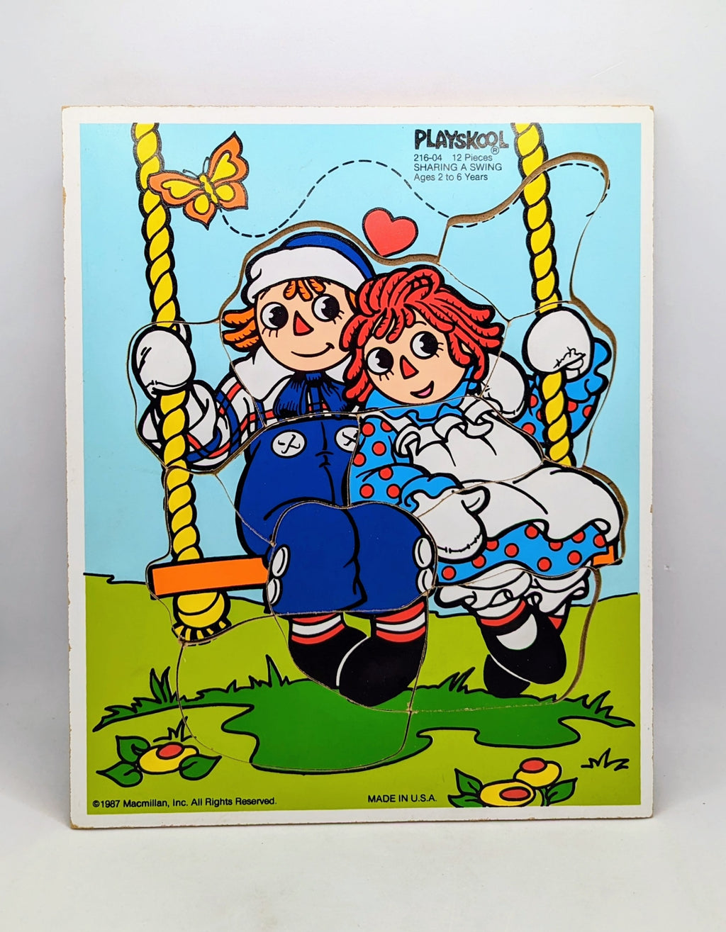 1984 Macmillan Playskool Raggedy Ann & Andy Sharing A Swing Wooden Puzzle