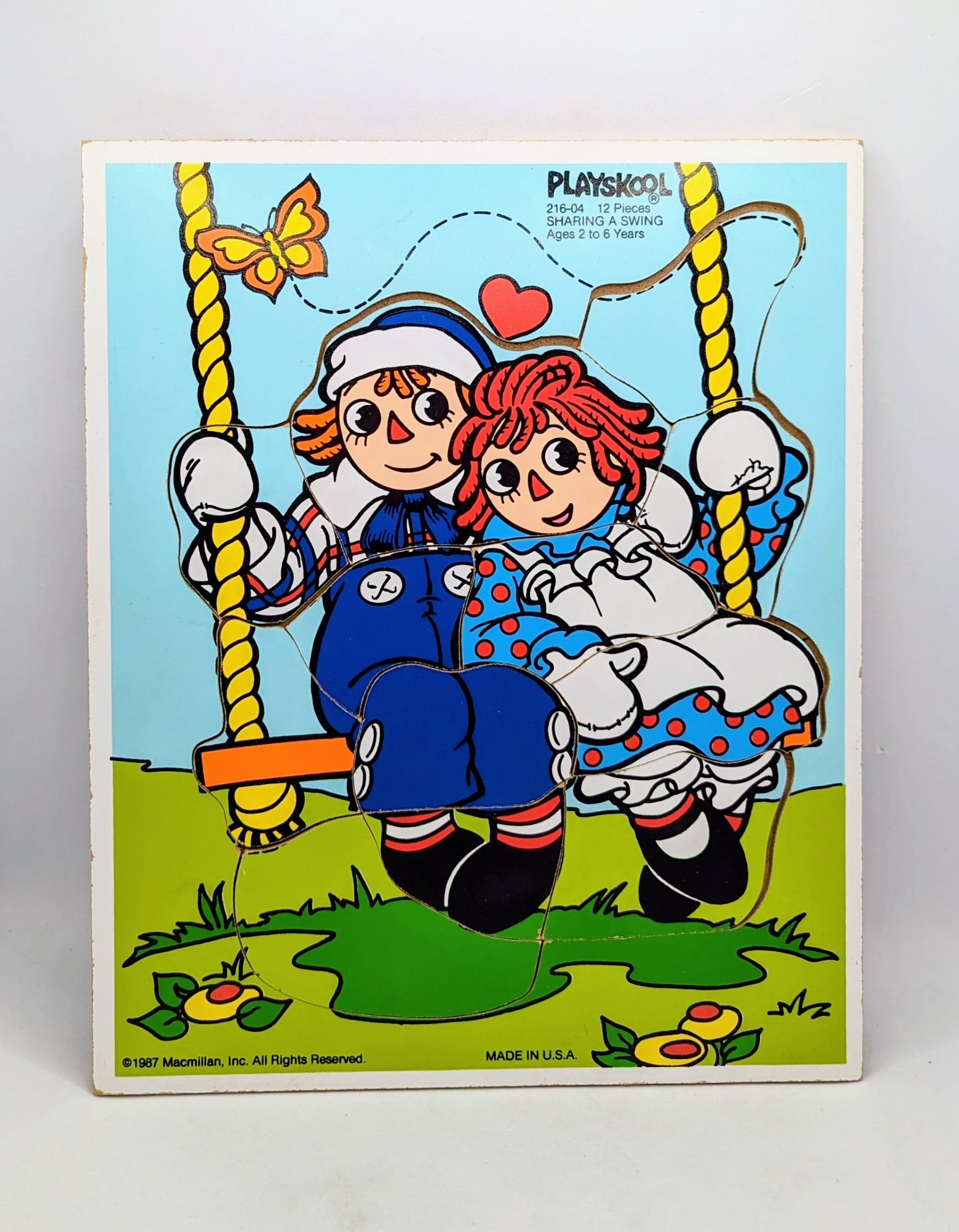 1984 Macmillan Playskool Raggedy Ann & Andy Sharing A Swing Wooden Puzzle
