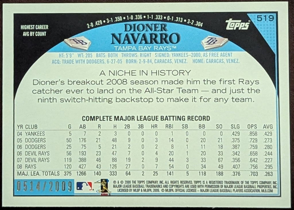 2009 Topps #519 Dioner Navarro Gold /2009 Tampa Bay Rays image 2