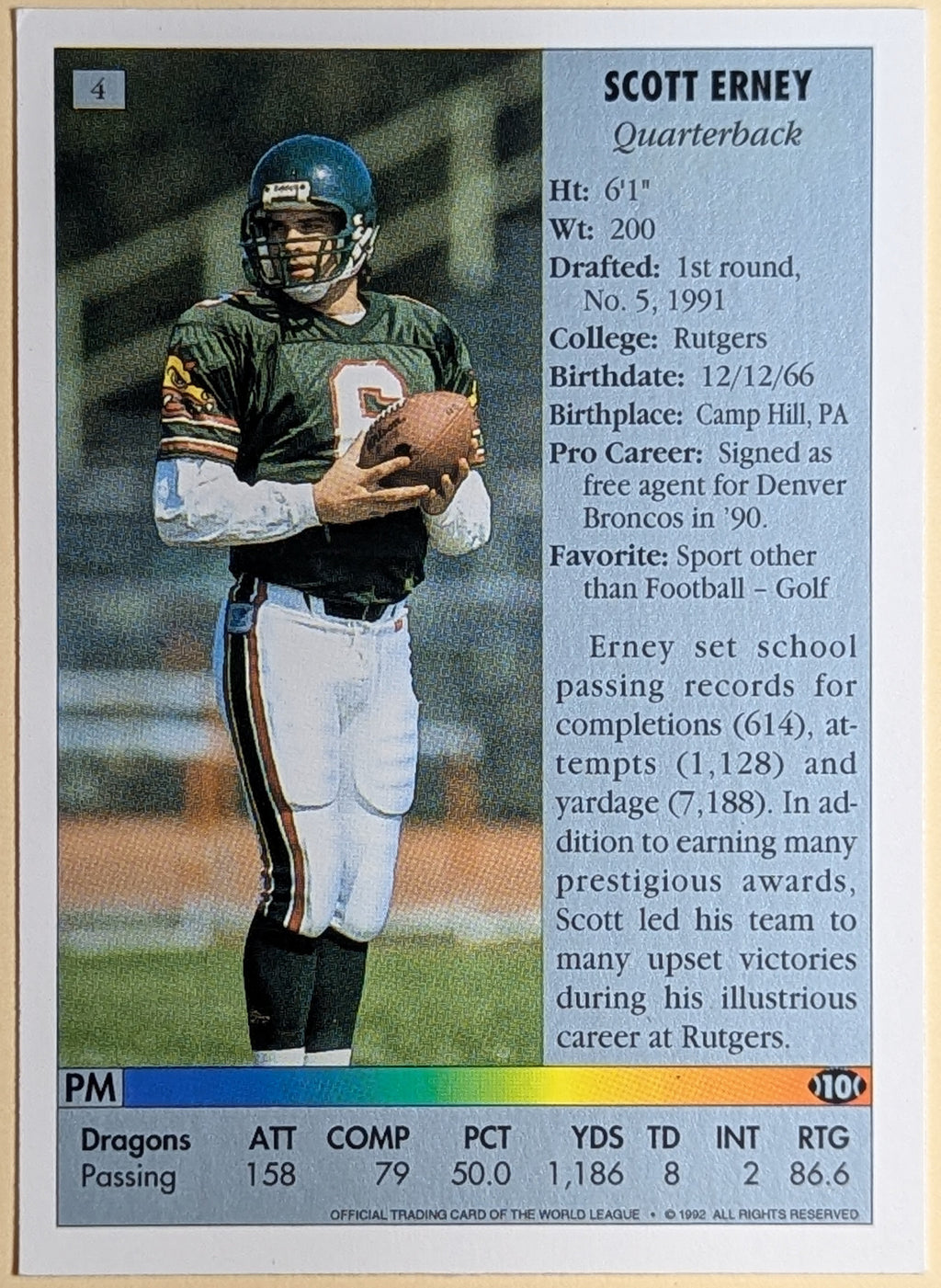 1992 Ultimate World League of American Football Scott Erney #4 image 2