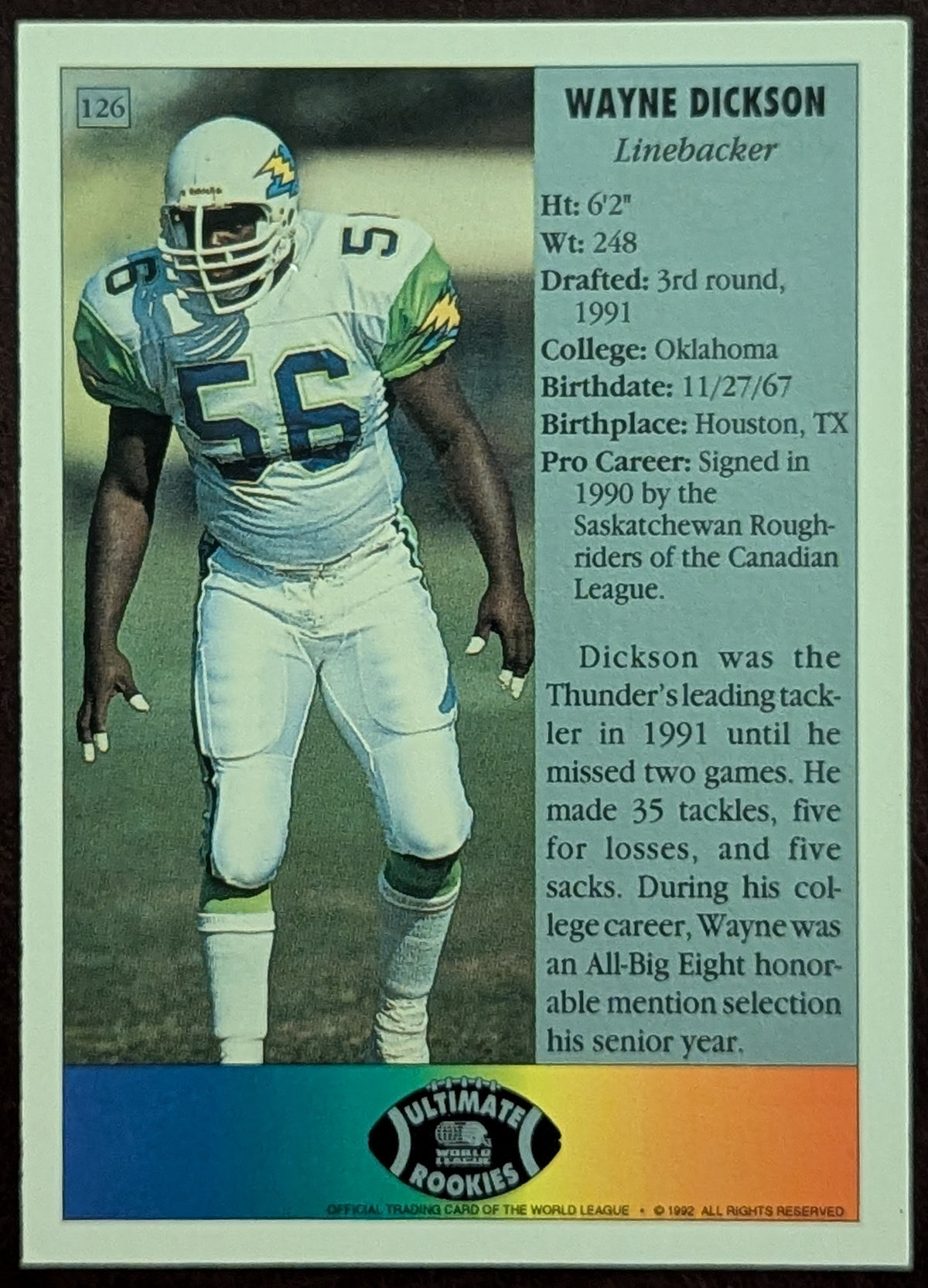 1992 Ultimate World League of American Football Wayne Dickson #126 image 2