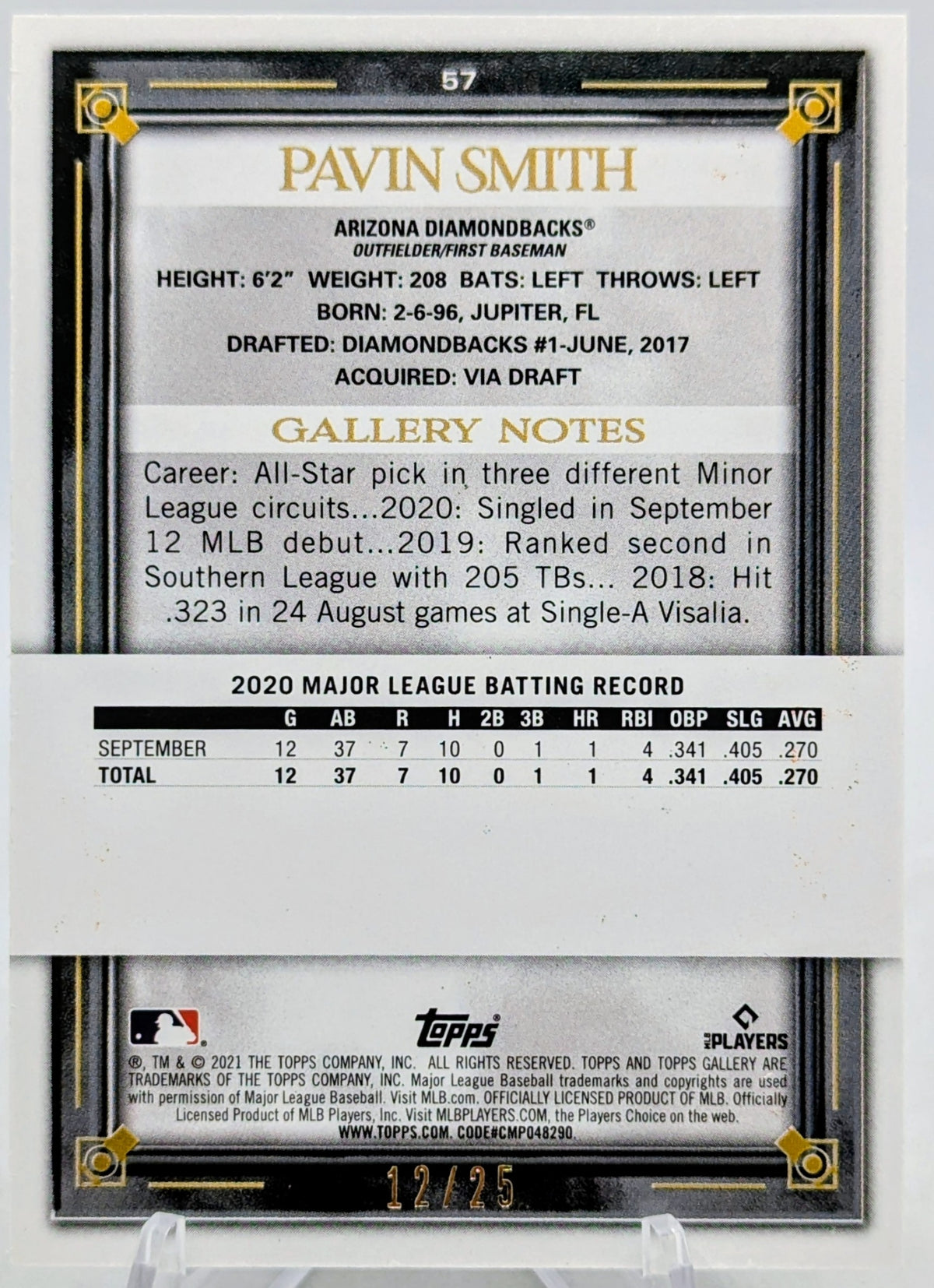 2021 Topps Gallery Gold Rainbow Foil Pavin Smith RC #57 Arizona Diamondbacks /25 image 2