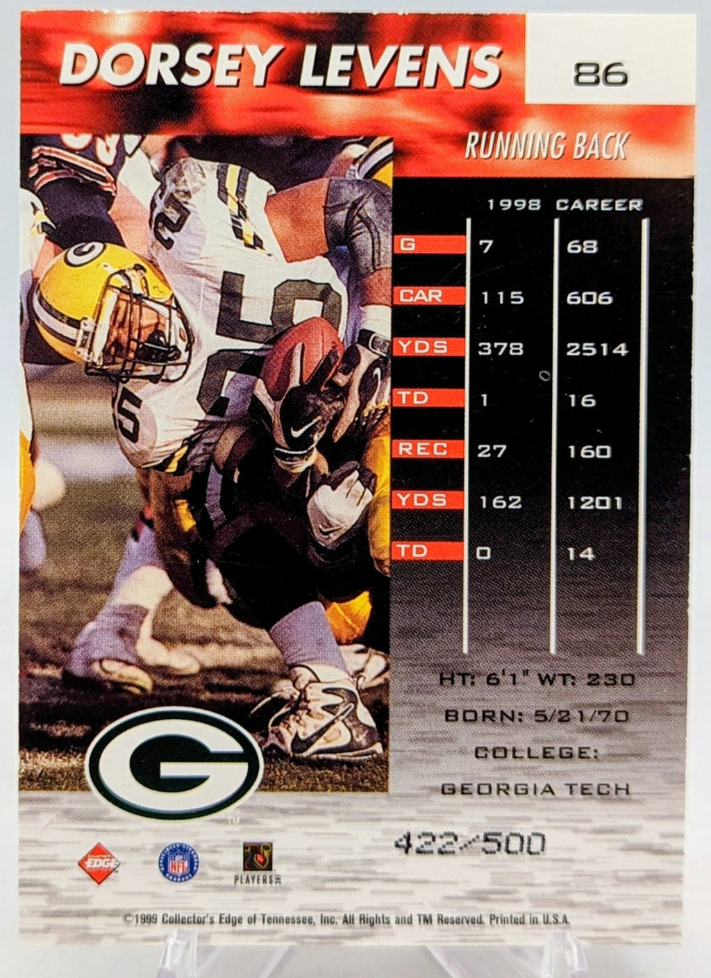 1999 Collector's Edge Fury Galvanized /500 Dorsey Levens Green Bay Packers #86 image 2