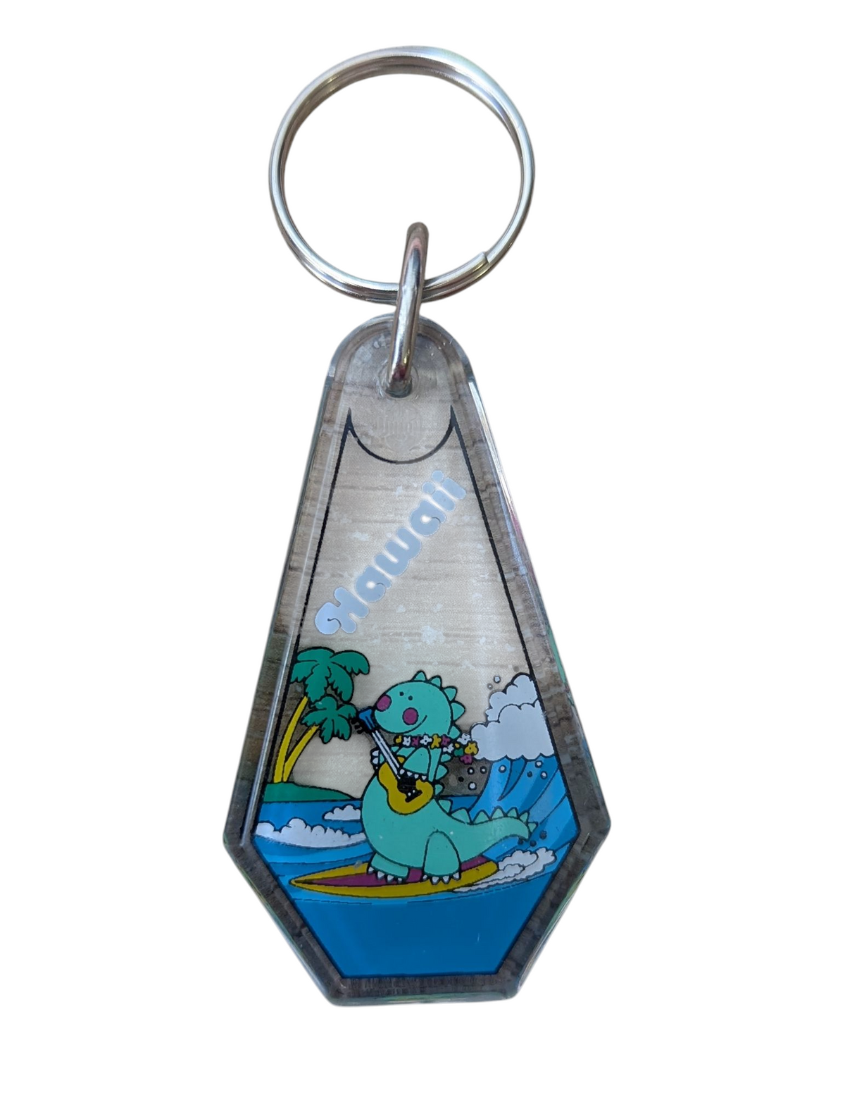 Vintage Plastic Hawaii Dinosaur Surfing Souvenir Keychain 3inch