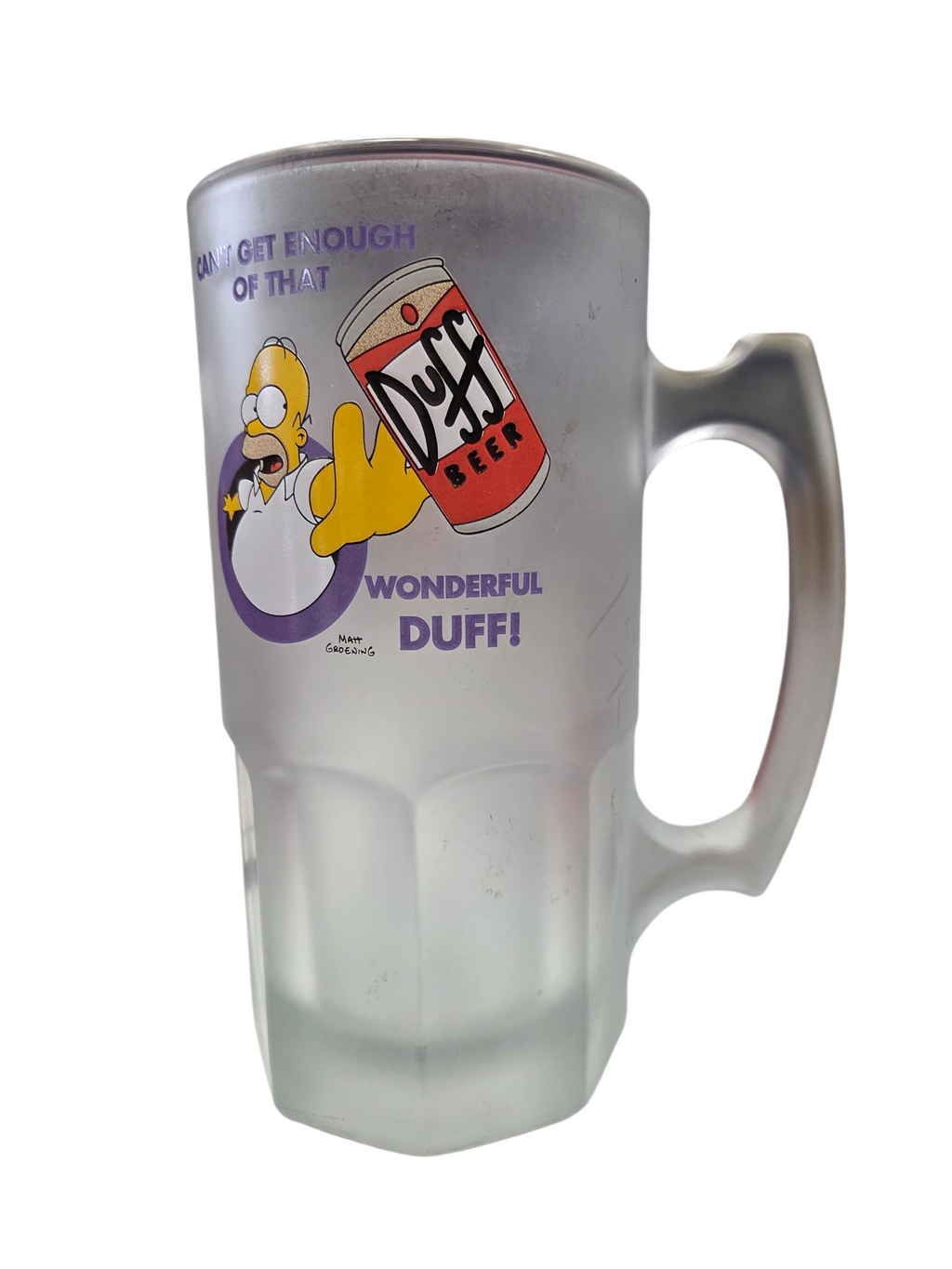 2001 Simpsons Homer Can’t Get Enough of That Wonderful Duff Frosted Glass Mug image 2