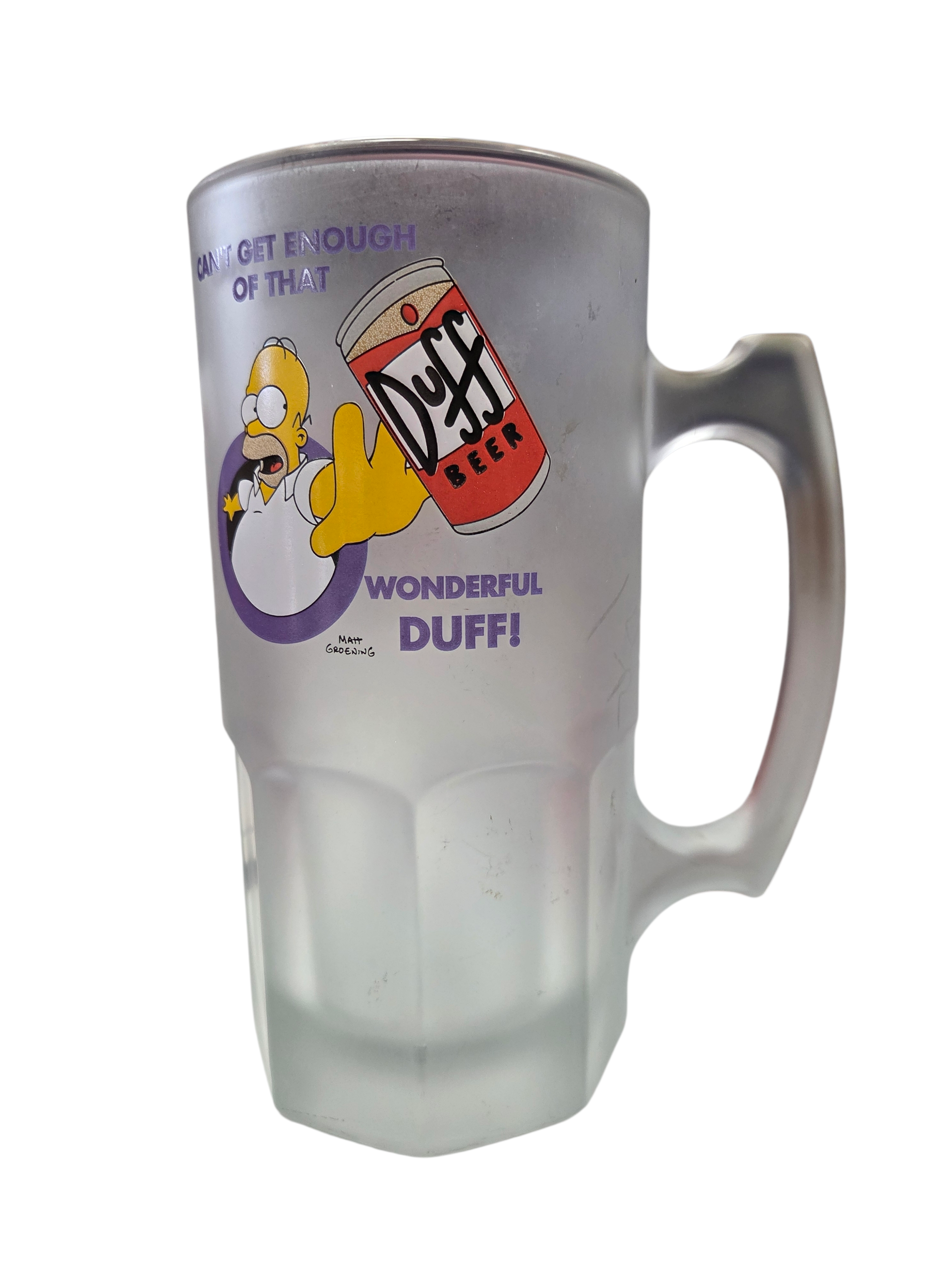 2001 Simpsons Homer Can’t Get Enough of That Wonderful Duff Frosted Glass Mug image 2