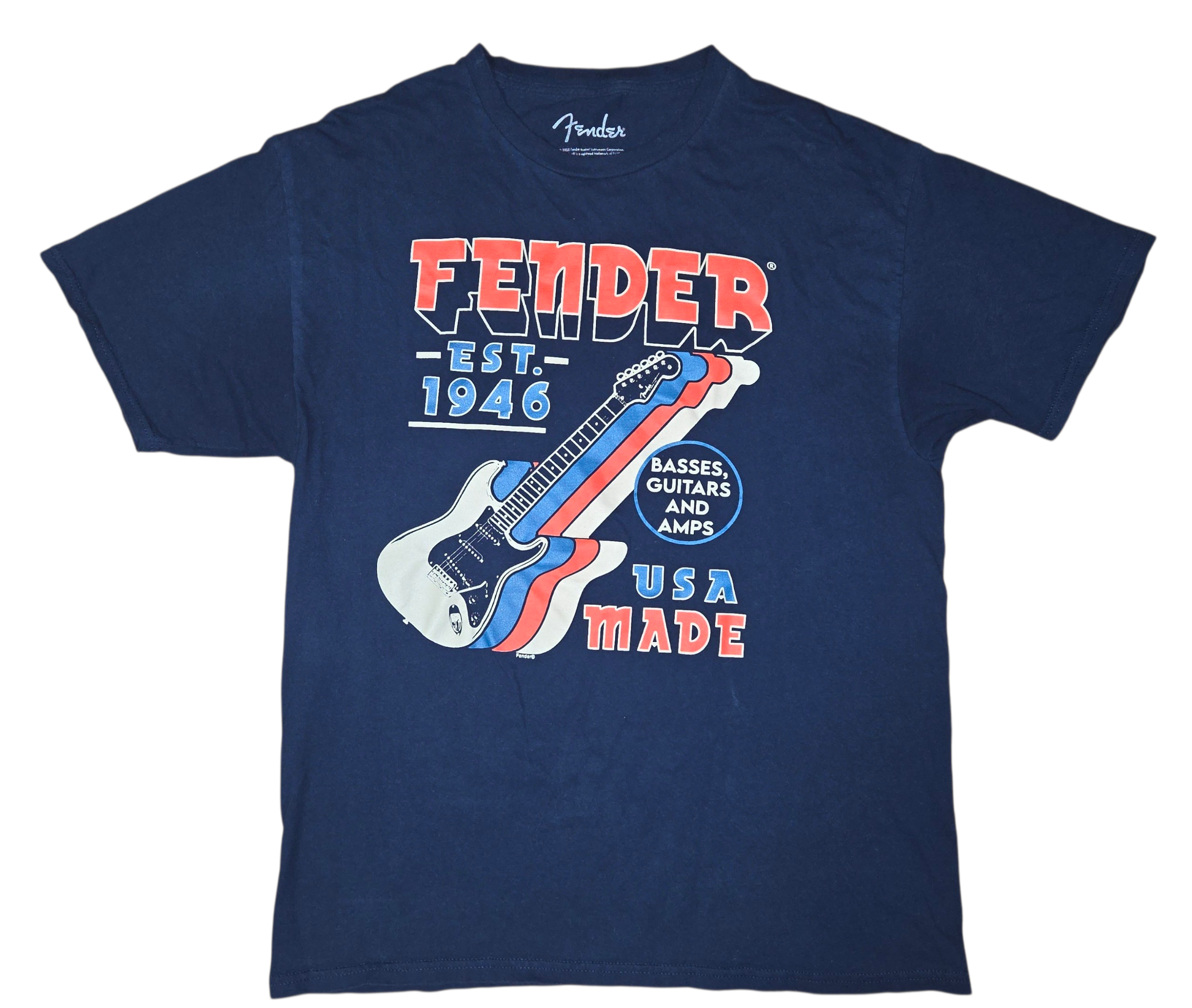 Fender EST. 1946 Guitars USA Made Music Logo Blue T-Shirt Size Large