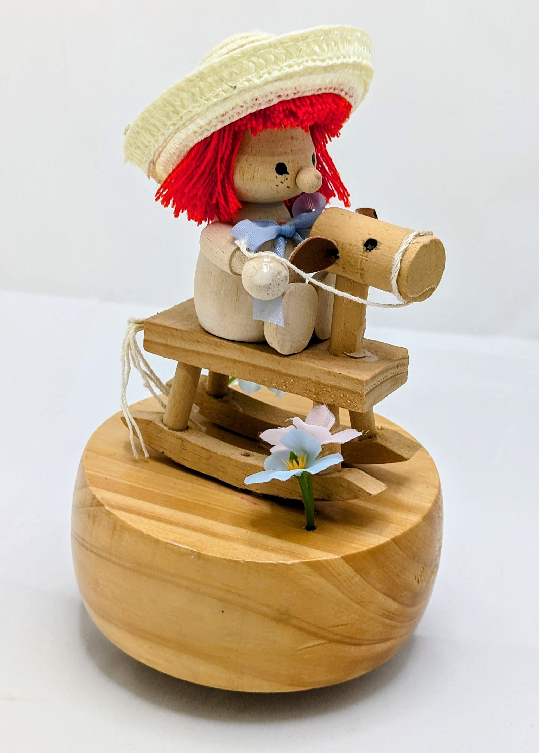 Vintage Wooden Rotating Doll On Rocking Horse Music Box