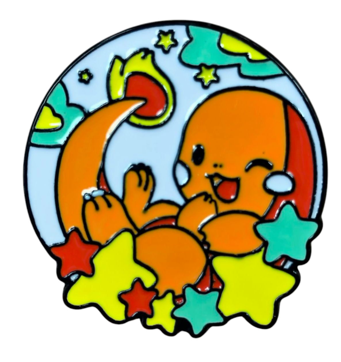 Nintendo Pokemon Cute Charmander w/ Colorful Stars And Clouds Round Enamel Pin