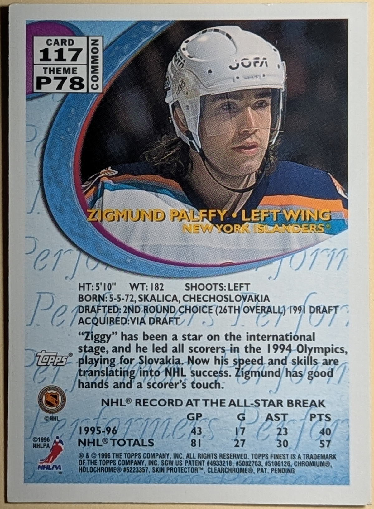 1996-97 Topps Finest Performers Bronze Zigmund Palffy #117 NY Islanders image 2