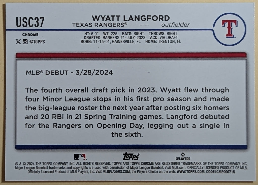 2024 Topps Chrome Update #USC37 Wyatt Langford X-Fractor Rookie Debut RC Rangers image 2