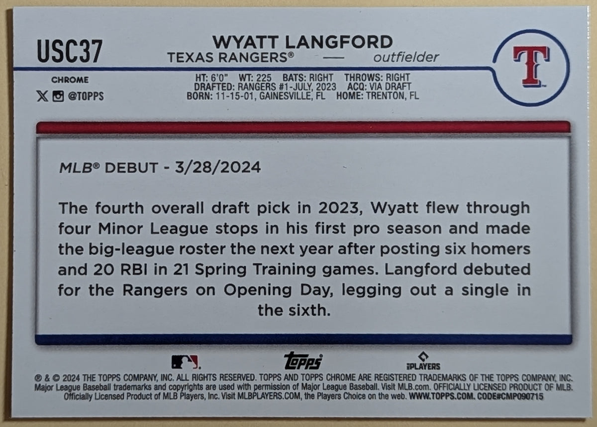 2024 Topps Chrome Update #USC37 Wyatt Langford X-Fractor Rookie Debut RC Rangers image 2