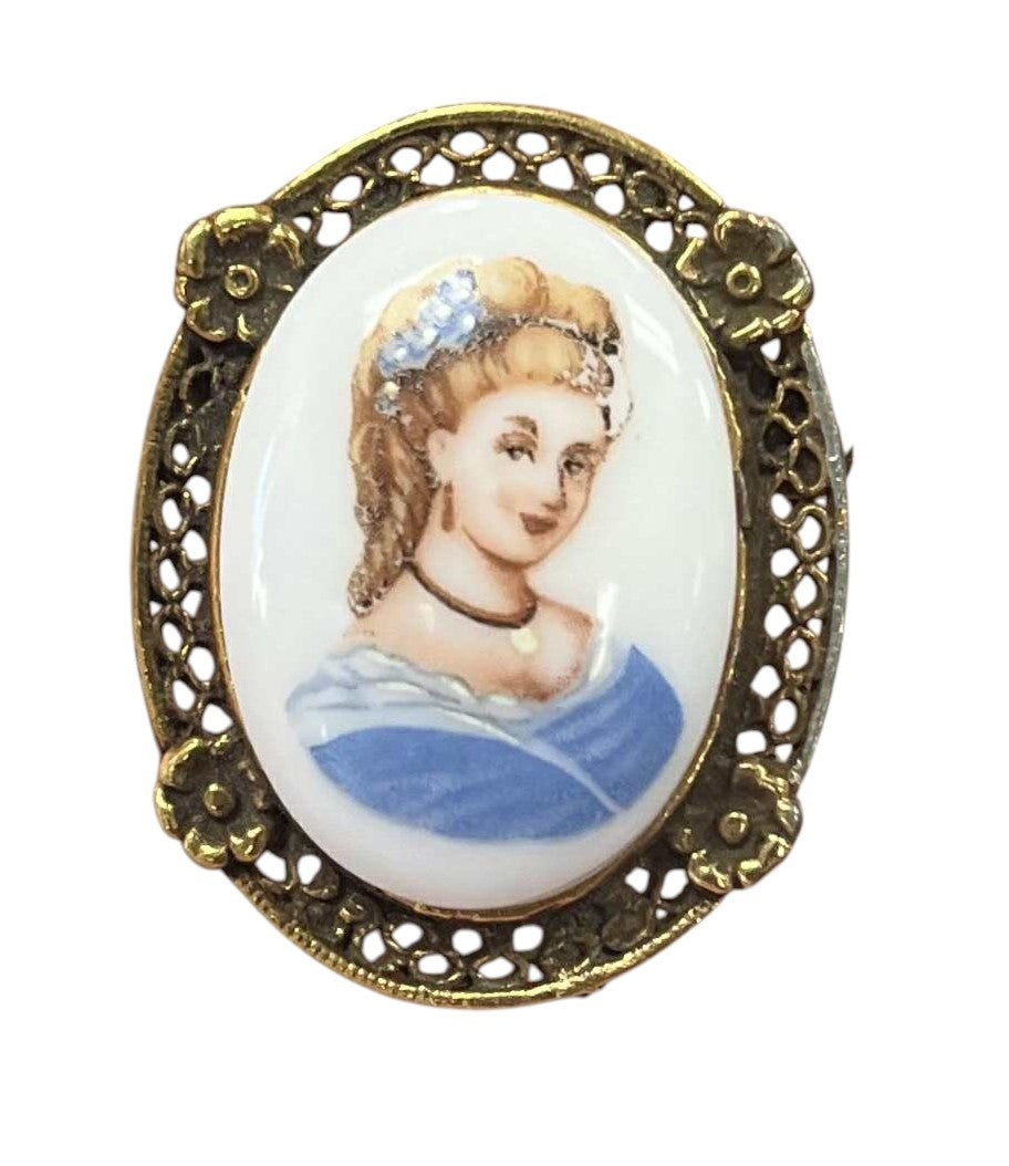 Vintage Limoges France Porcelain Lady In Blue Portrait Brooch Pin