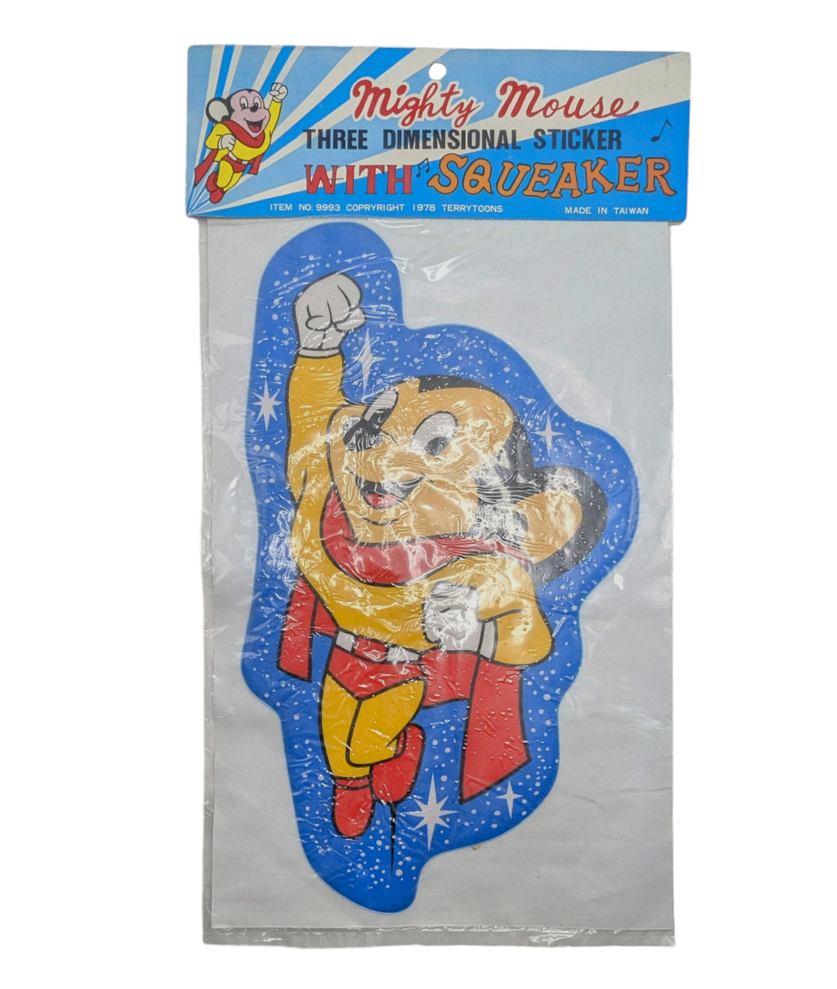 1978 Terrytoons Mighty Mouse Three Dimensional Puffy Sticker With Squeaker
