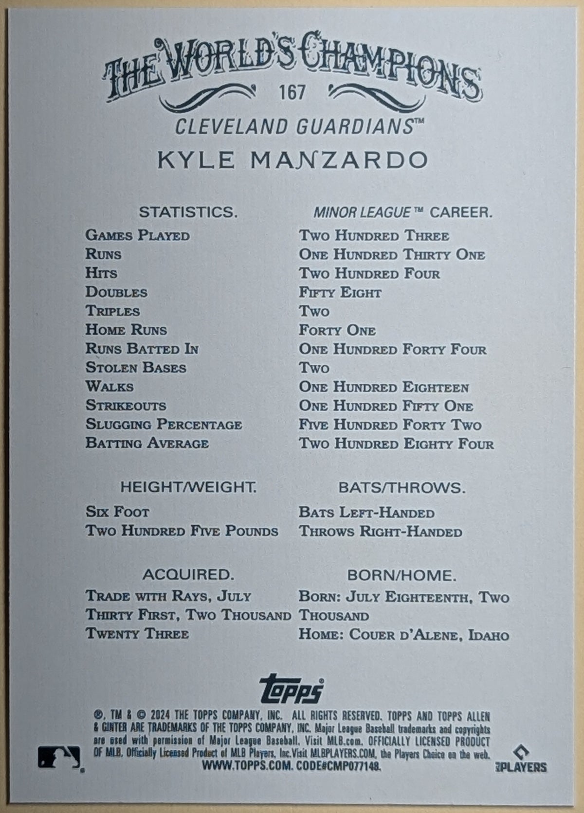 2024 Topps Allen & Ginter Hot Box Foil Kyle Manzardo #167 Guardians image 2