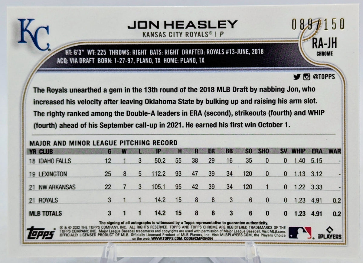 2022 Topps Chrome Rookie Blue Wave Auto Jon Heasley RC Royals #RA-JH /150 image 2