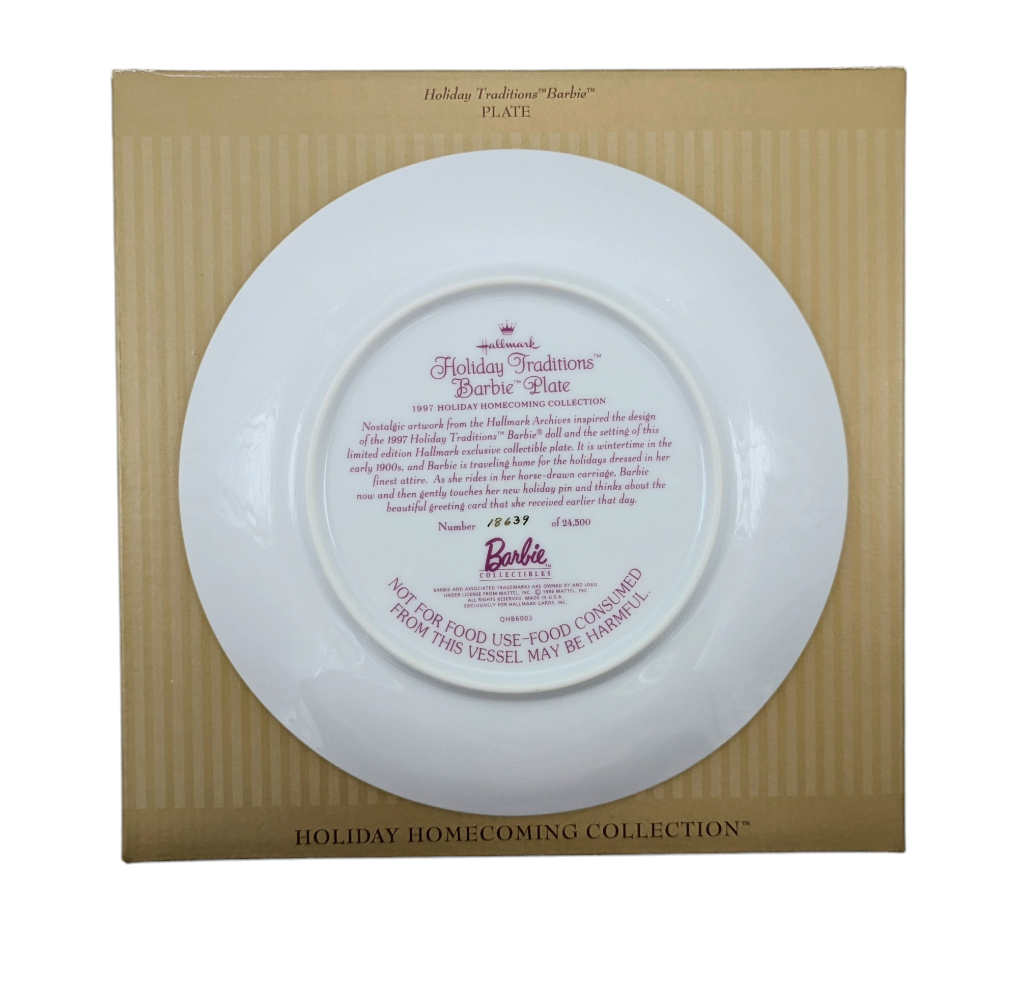 1996 Mattel Barbie Holiday Homecoming Collection Holiday Traditions Barbie Plate image 2