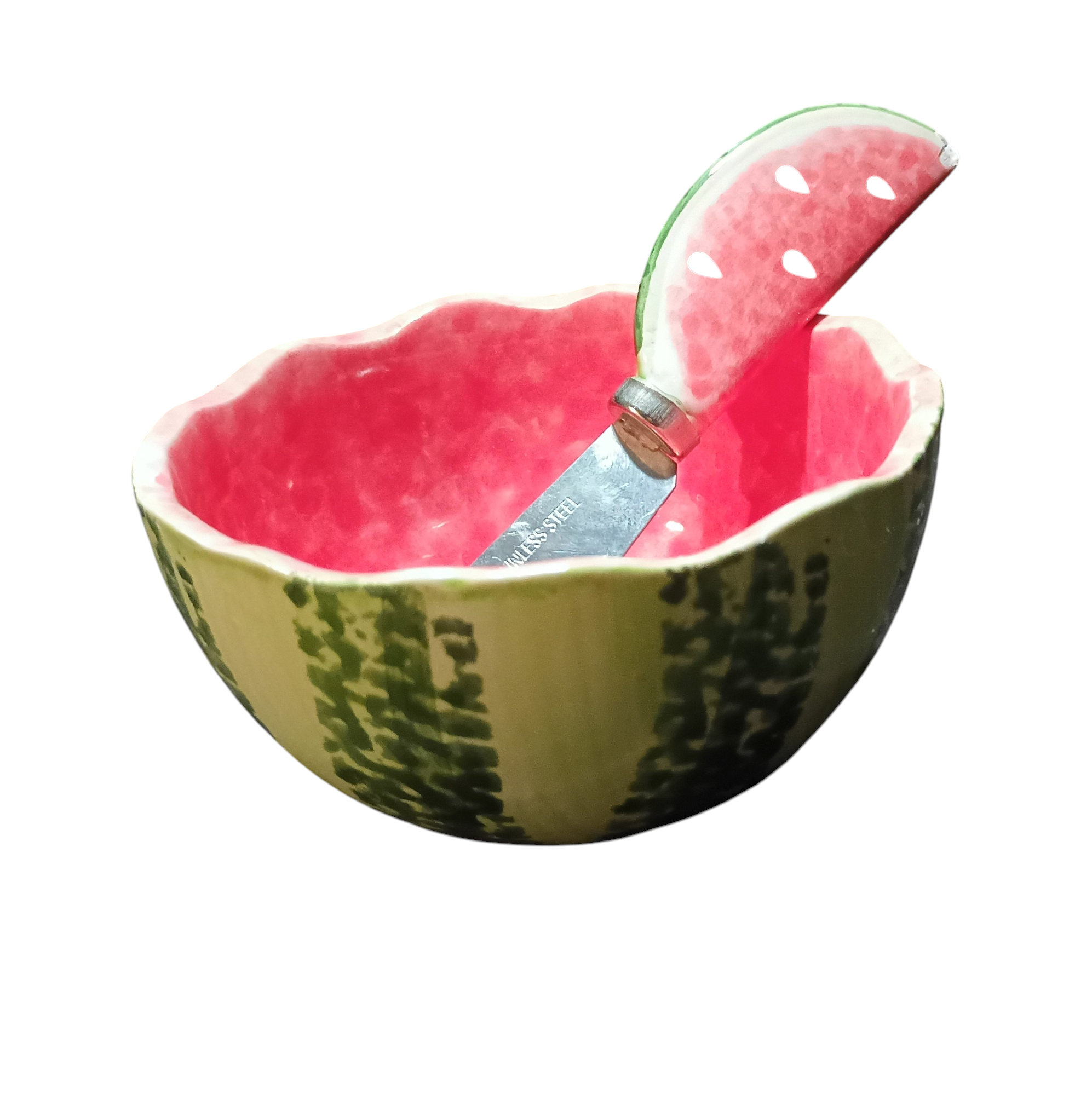 Vintage Ceramic Watermelon Bowl With Watermelon Stainless Steel Cheese Spreader